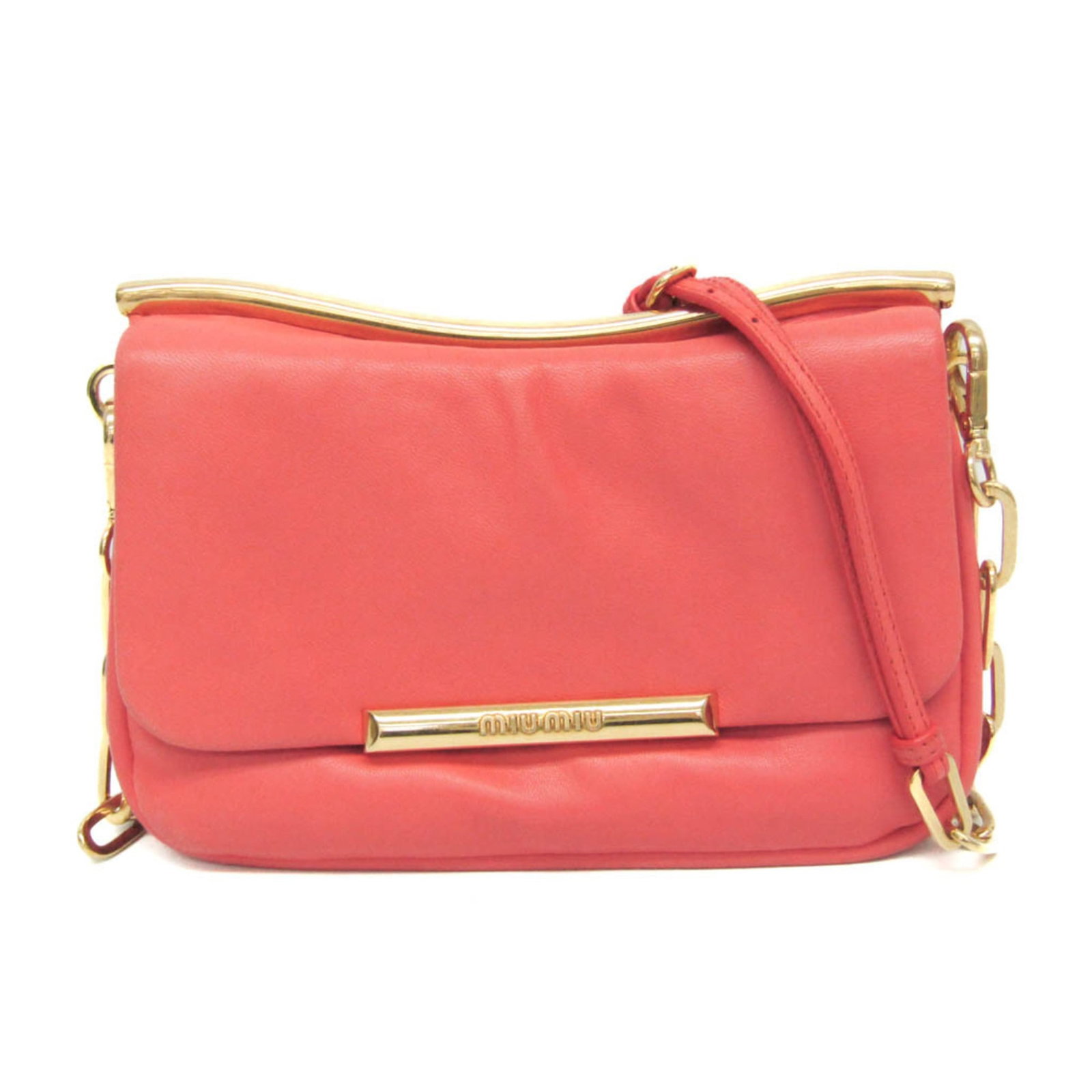 Miu Clutch Bag Shoulder Bag Leather: Miu Clutch Bag Shoulder Bag Leather Pink Orange Miu Miu Leather Clutch Bag with Magnetic Snap Closure. This shoulder bag features two snap pockets, one open and one closed, adding a touch of functiona