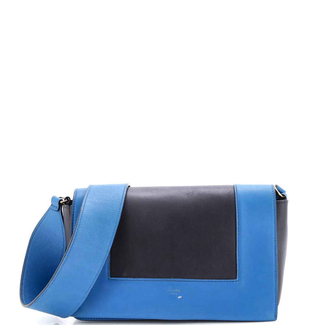 Celine Frame Shoulder Bag Leather Medium: Celine Frame Shoulder Bag Leather Medium This Celine Frame Shoulder Bag Leather Medium features a striking blue and gray exterior, with scuffs and minor creases adding to its worn-in charm. The bag's