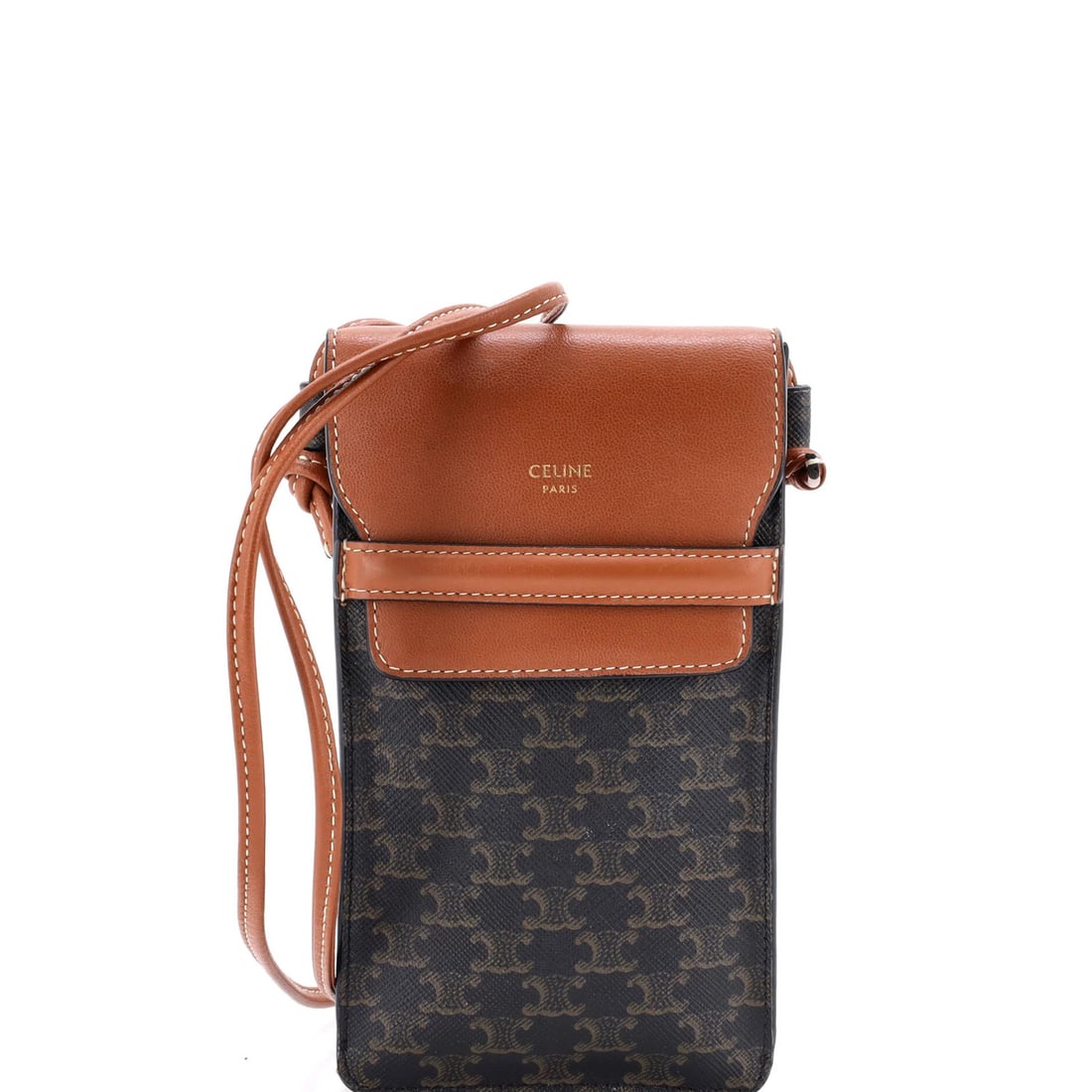 Celine Phone Pouch Crossbody Triomphe Coated Canvas and Leather: Celine Phone Pouch Crossbody Triomphe Coated Canvas and Leather Brown Celine Phone Pouch Crossbody Bag with Triomphe Coated Canvas and Leather Exterior, featuring minor creasing and wear on the