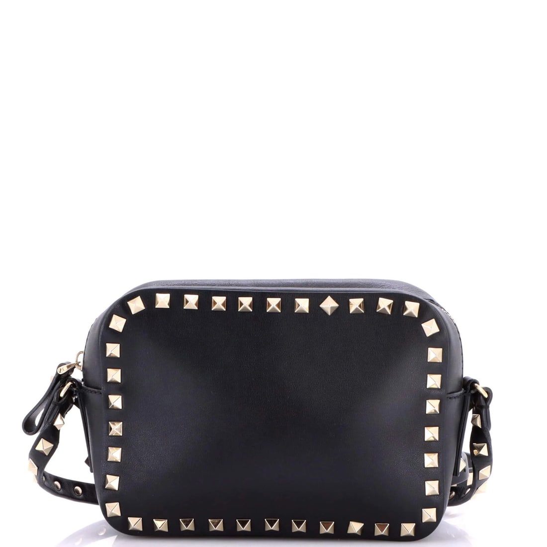 Garavani Valentino Rockstud Leather Camera Crossbody Bag: Garavani Valentino Rockstud Leather Camera Crossbody Bag The Garavani Valentino Rockstud Leather Camera Crossbody Bag boasts sleek, black leather exterior with gold tone hardware, featuring the