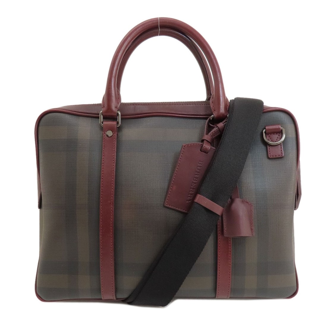 Burberry Checkpattern 2Way Handbag Pvc Leather: Burberry Checkpattern 2Way Handbag Pvc Leather Burberry's iconic check pattern is prominently displayed on this PVC leather handbag, blending classic style with modern durability. The brown and red