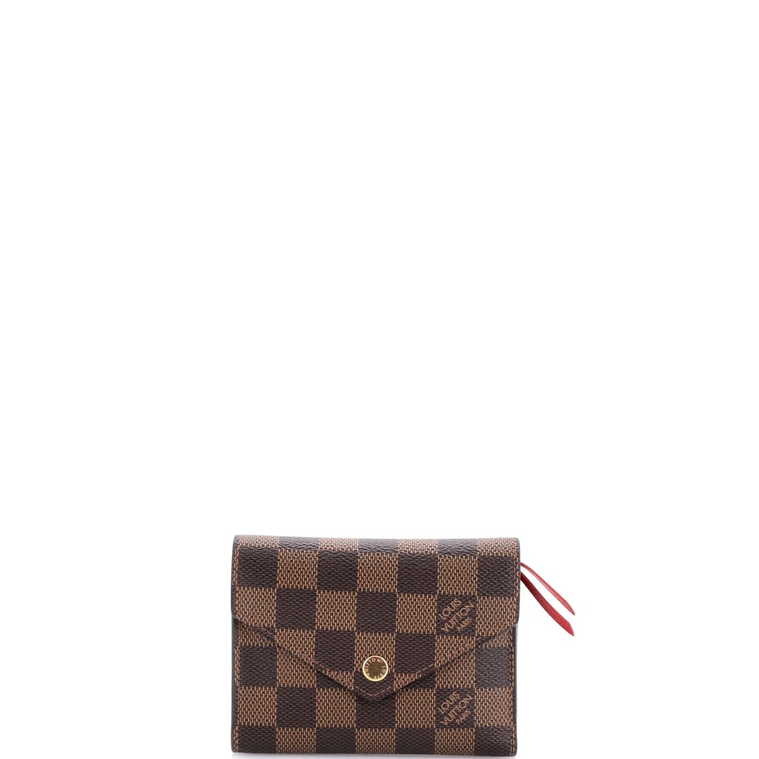 Victorine Damier Wallet Louis Vuitton: Victorine Damier Wallet Louis Vuitton Brown canvas coated Damier wallet from Louis Vuitton, featuring a classic Victorine design. The interior is lined with red leather and gold hardware adds a touch