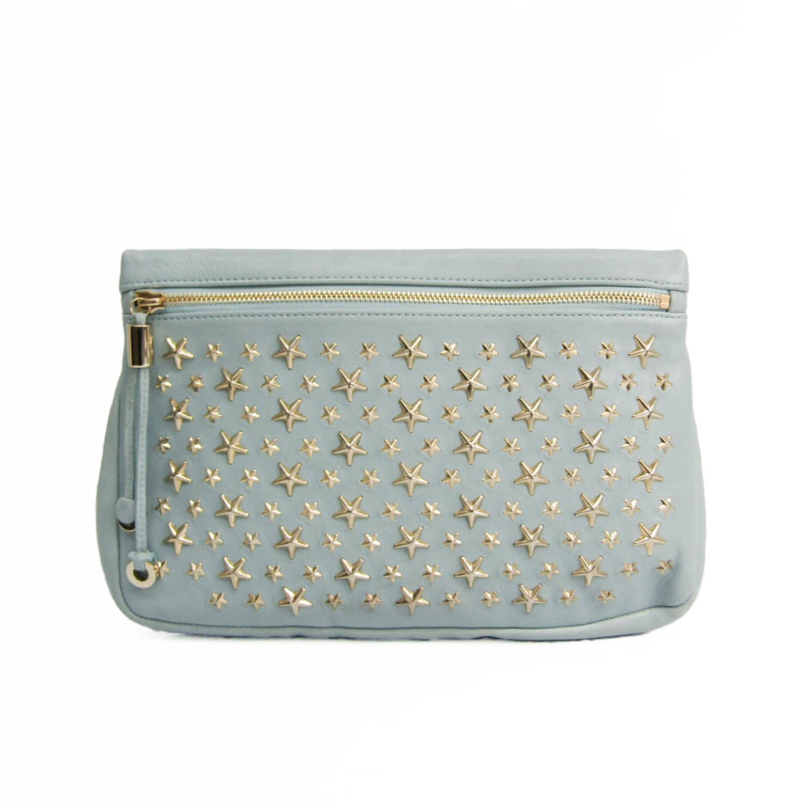 Jimmy Choo Clutch Bag Leather: Jimmy Choo Clutch Bag Leather Light blue leather clutch bag from Jimmy Choo, featuring a champagne gold zipper and open pocket. The bag measures 18cm x 29cm x 3.5cm and weighs 230g, with traces of