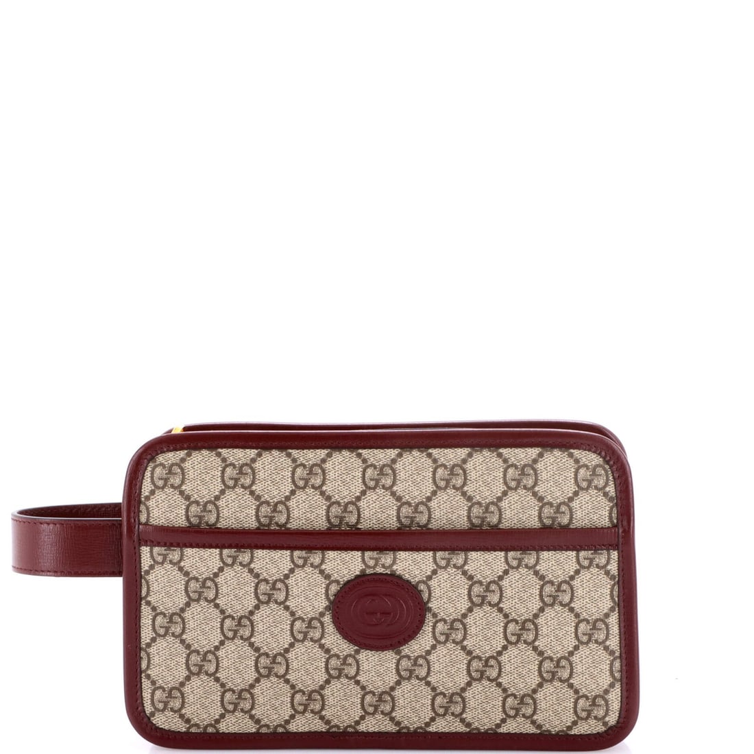 Gucci Interlocking G Travel Pouch GG Coated Canvas: Gucci Interlocking G Travel Pouch GG Coated Canvas The Gucci Interlocking G Travel Pouch GG Coated Canvas boasts a rich, burgundy exterior with a subtle brown undertone, complemented by neutral microf