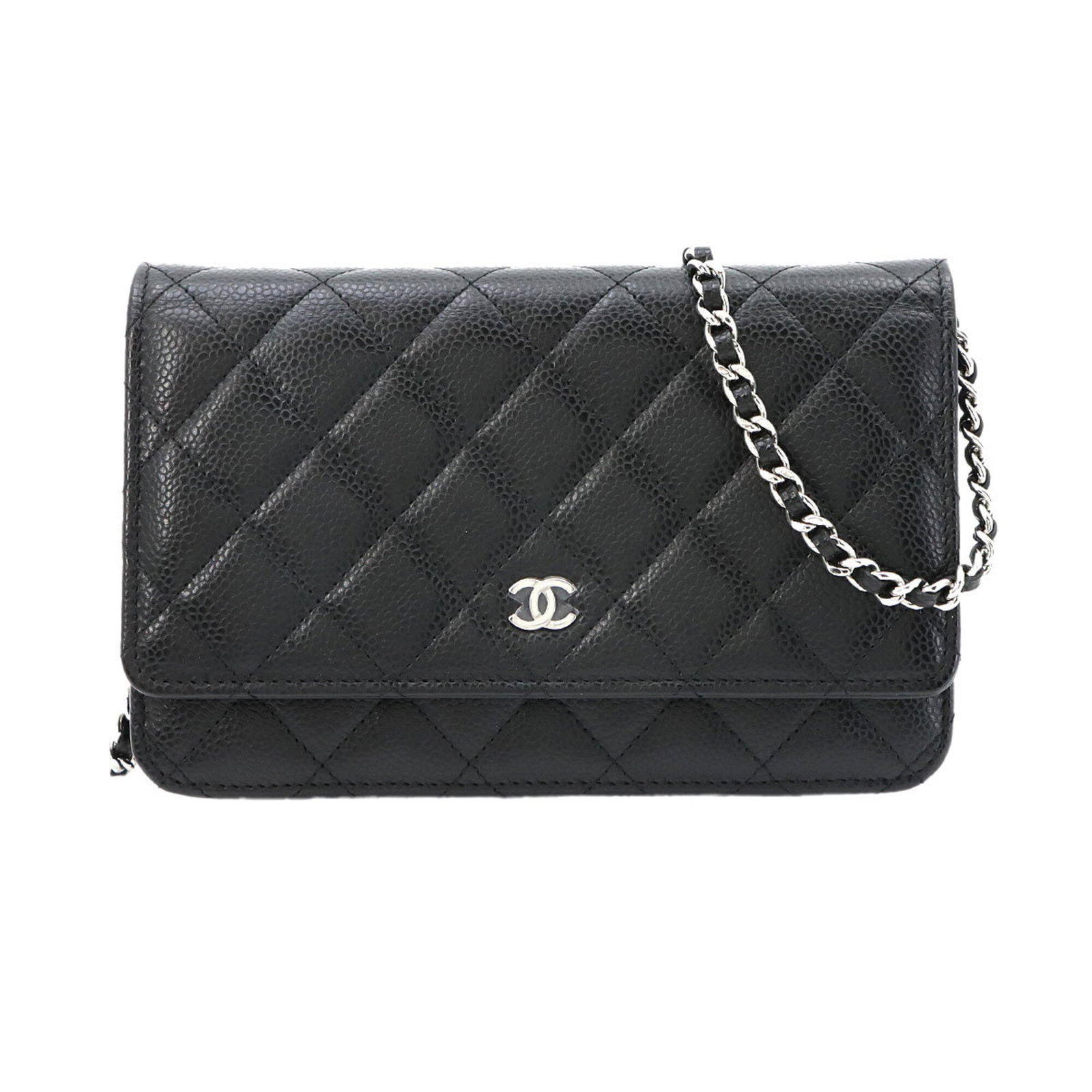 Calfskin chain shoulder wallet by Chanel: Calfskin chain shoulder wallet by Chanel Chain shoulder wallet by Chanel features a sleek design with grained calfskin material and a black finish. The compact size measures 13cm x 19cm x 4cm, making