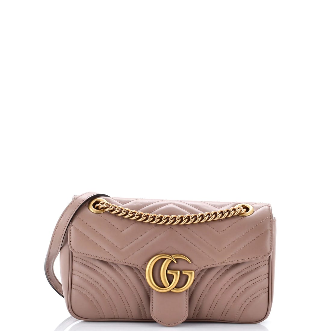 Gucci GG Marmont Flap Bag Matelasse Leather Small: Gucci GG Marmont Flap Bag Matelasse Leather Small Small Gucci GG Marmont Flap Bag in Matelasse Leather, featuring a neutral exterior with scuffs and edge wear. The bag measures 6" tall, 9.5" wide,