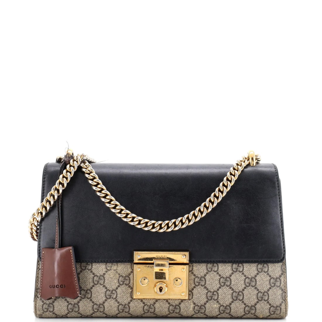 Gucci Padlock Shoulder Bag GG Coated Canvas Leather Medium: Gucci Padlock Shoulder Bag GG Coated Canvas Leather Medium Brown Gucci Padlock Shoulder Bag with GG Coated Canvas and Leather Medium. Features a medium size, 11" handle drop, and 19" strap drop,