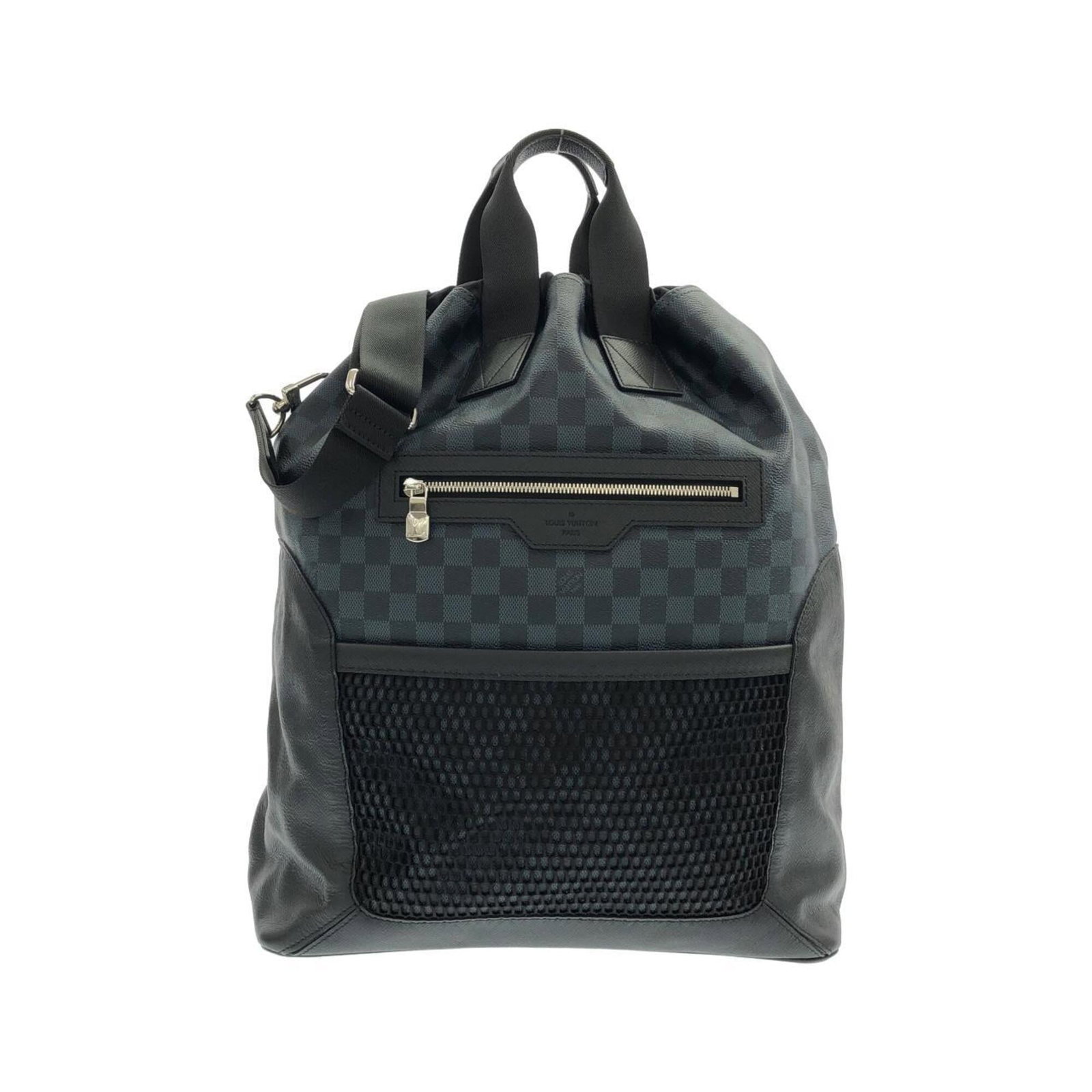 Canvas leather coated backpack by Louis Vuitton: Canvas leather coated backpack by Louis Vuitton Black, Cobalt, and Damier Cobalt Louis Vuitton canvas leather coated backpack in very good condition. The backpack features calf leather accents and a