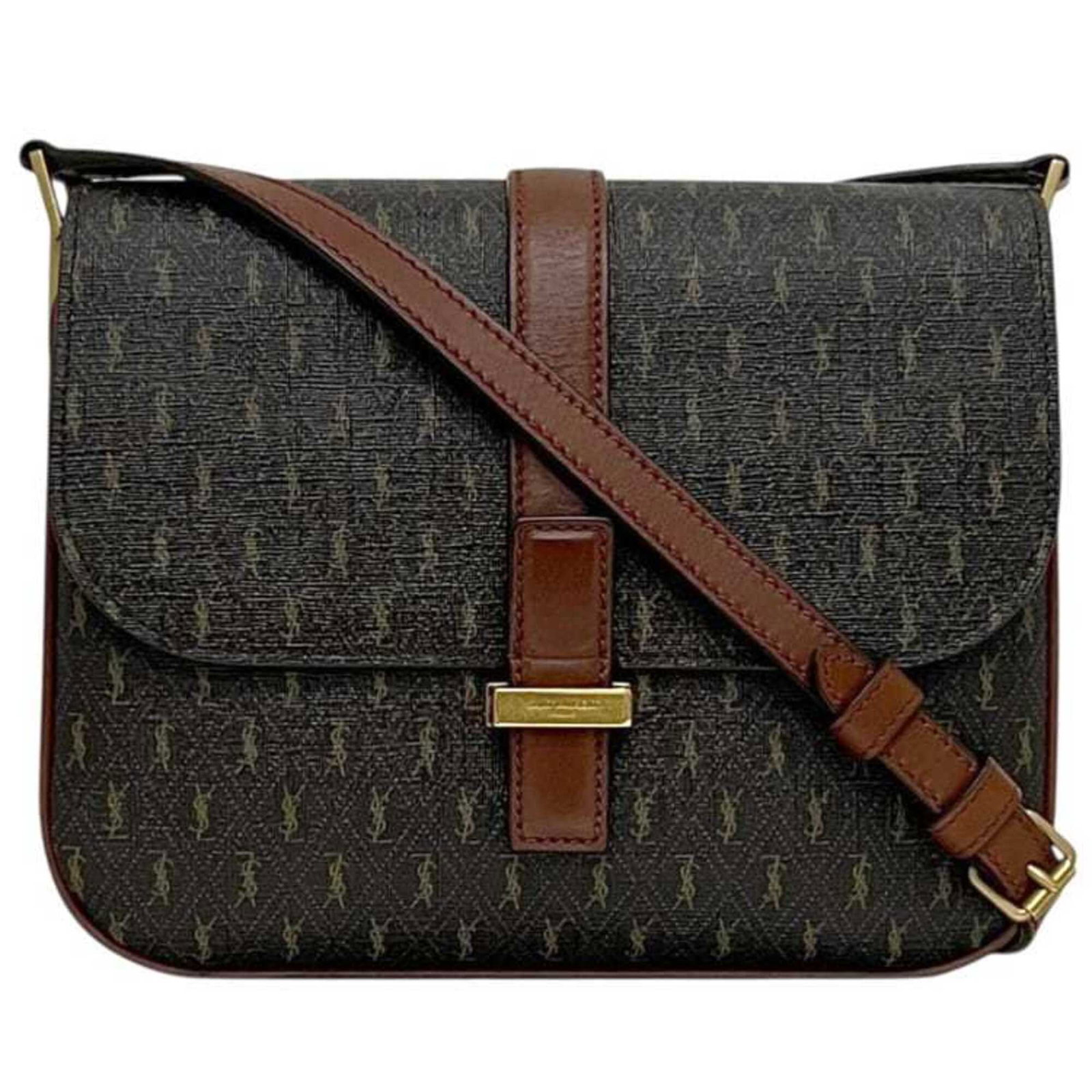 PVC leather shoulder bag by Saint Laurent: PVC leather shoulder bag by Saint Laurent PVC leather shoulder bag by Saint Laurent in brown and dark brown hues, featuring a classic design with a few traces of usage visible. The bag's condition