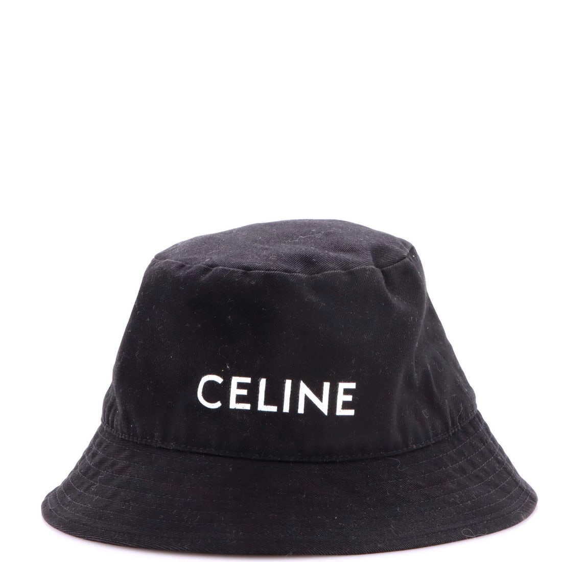 Canvas bucket hat with printed logo: Canvas bucket hat with printed logo The Celine printed canvas bucket hat boasts a classic design with a bold black logo, adding a touch of sophistication to any outfit. Made from high-quality cotton