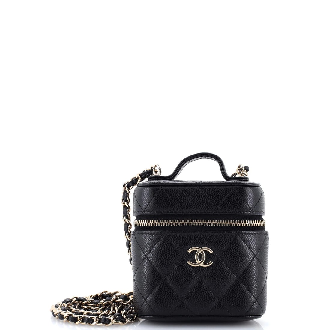 Handle with care vanity case in quilted caviar chain: Handle with care vanity case in quilted caviar chain The Handle with Care Vanity Case boasts a striking quilted caviar chain exterior in sleek black leather, adorned with gold tone hardware.