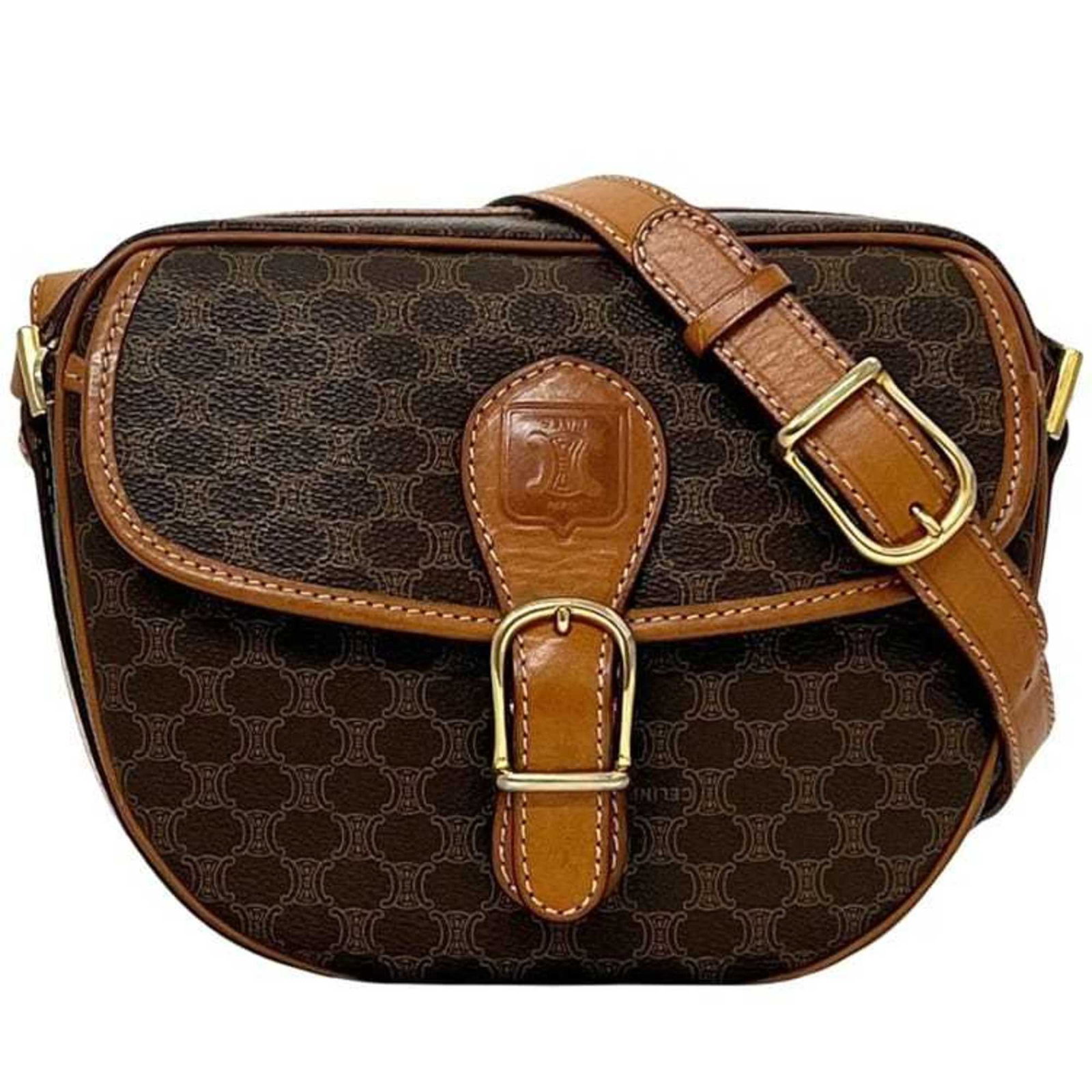PvC leather shoulder bag pochette celine: PvC leather shoulder bag pochette celine This Celine pochette shoulder bag features a unique combination of PVC and leather materials, with a brown color that adds a touch of sophistication.