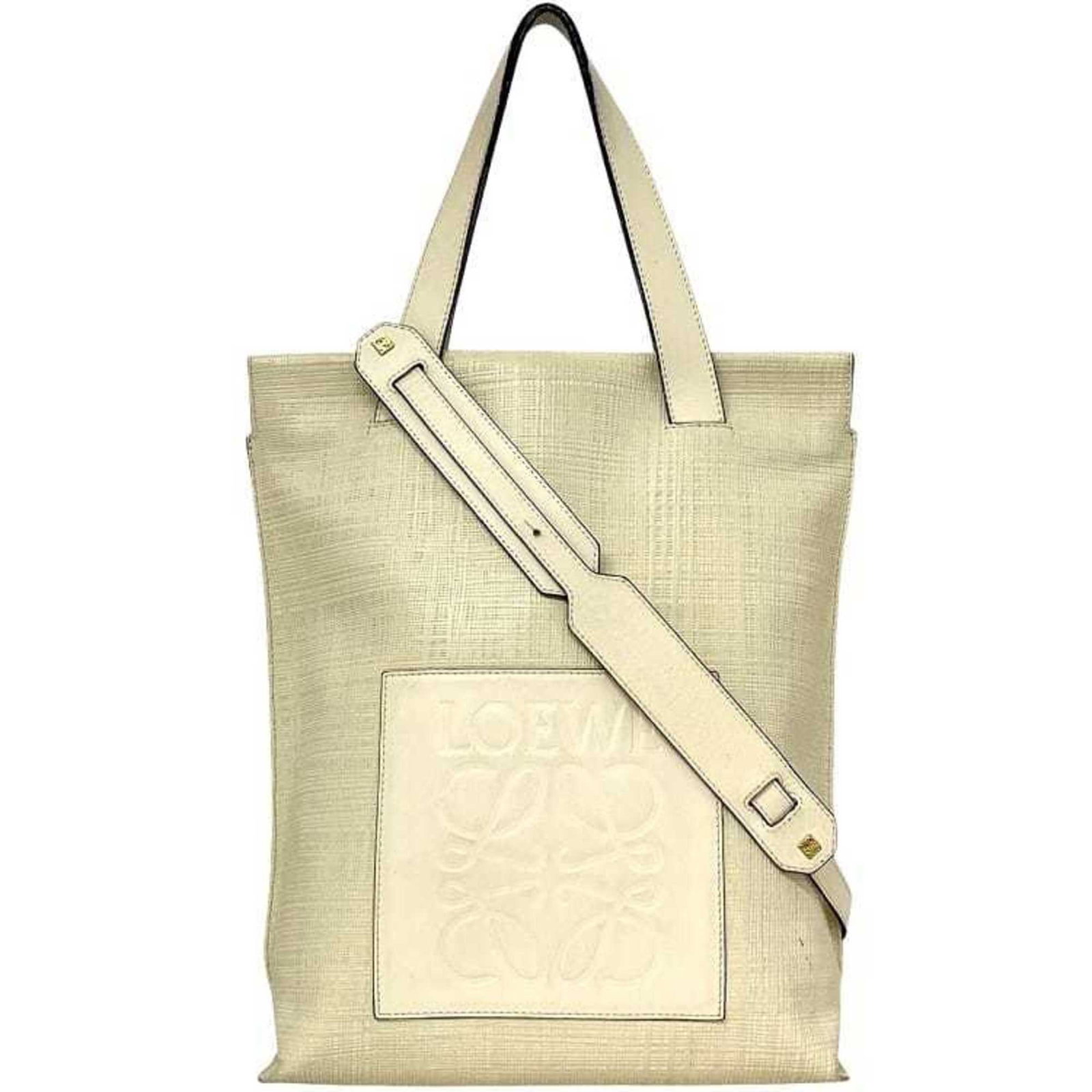 Shoulder Bag Tote Bag Leather Loewe: Shoulder Bag Tote Bag Leather Loewe Ivory and white leather shoulder bag from Loewe, with a classic tote design and subtle scratches from previous use. The bag measures 33cm x 30cm x 11cm and