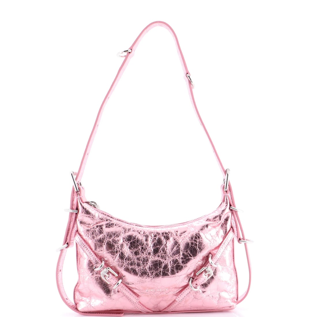 Metallic Mini Leather Bag Shoulder Voyou Givenchy: Metallic Mini Leather Bag Shoulder Voyou Givenchy Pink Metallic Leather Mini Shoulder Bag from Givenchy, featuring metallic leather exterior with silver hardware. The bag measures 7" tall, 9" wide,