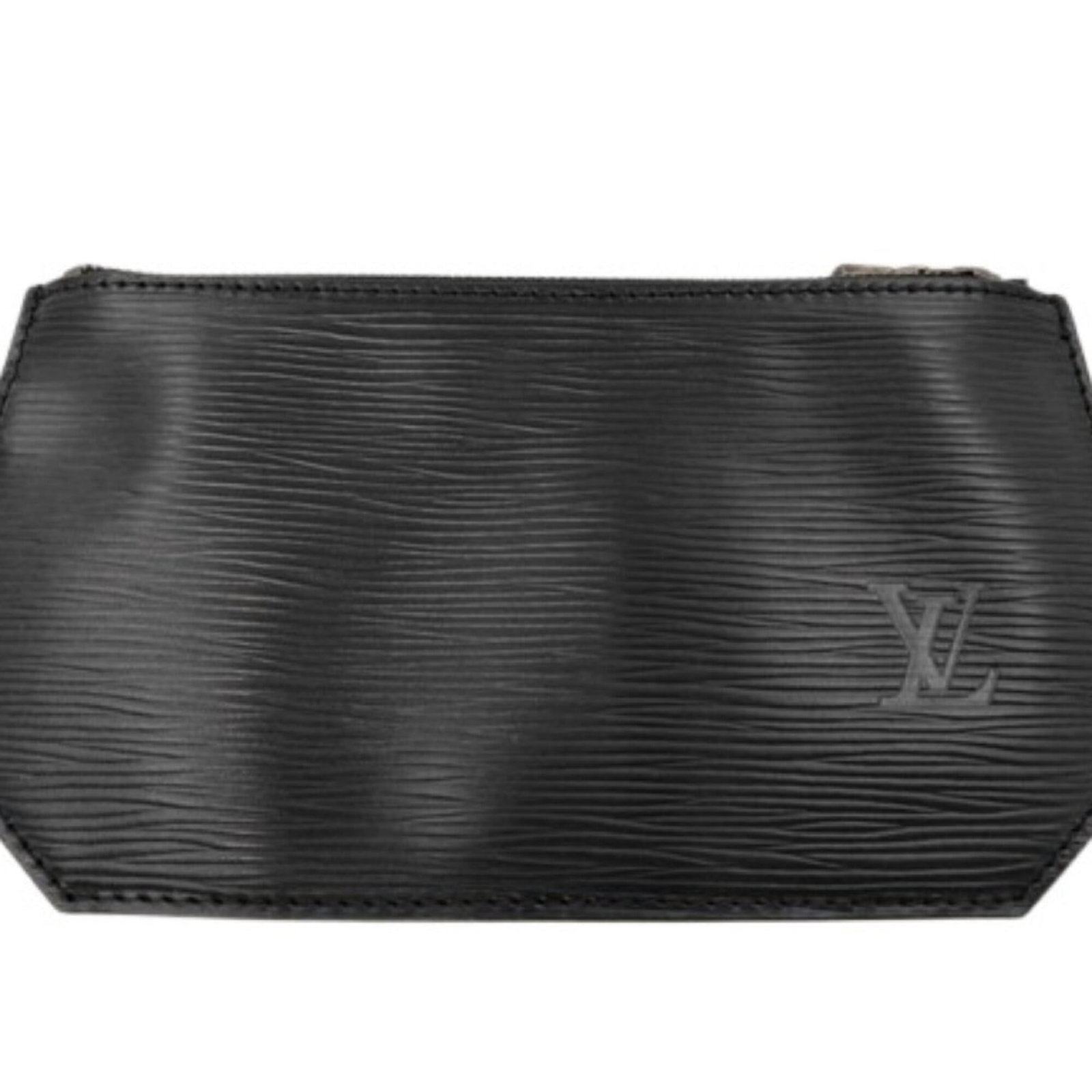 Louis Vuitton Pouch Epi Leather: Louis Vuitton Pouch Epi Leather Black Epi Leather Louis Vuitton Pouch with traces of usage and minor scratches, offering a unique, used condition. This classic design features the iconic Epi Leather
