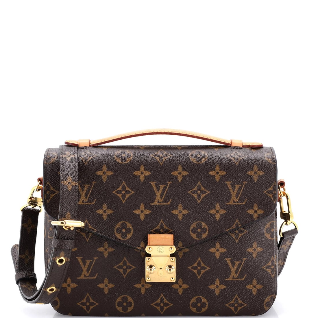 Louis Vuitton Canvas Monogram Pochette: Louis Vuitton Canvas Monogram Pochette Brown Louis Vuitton Canvas Monogram Pochette with Gold Hardware, featuring minor scuffs and creases on the exterior, and a brown microfiber interior. The