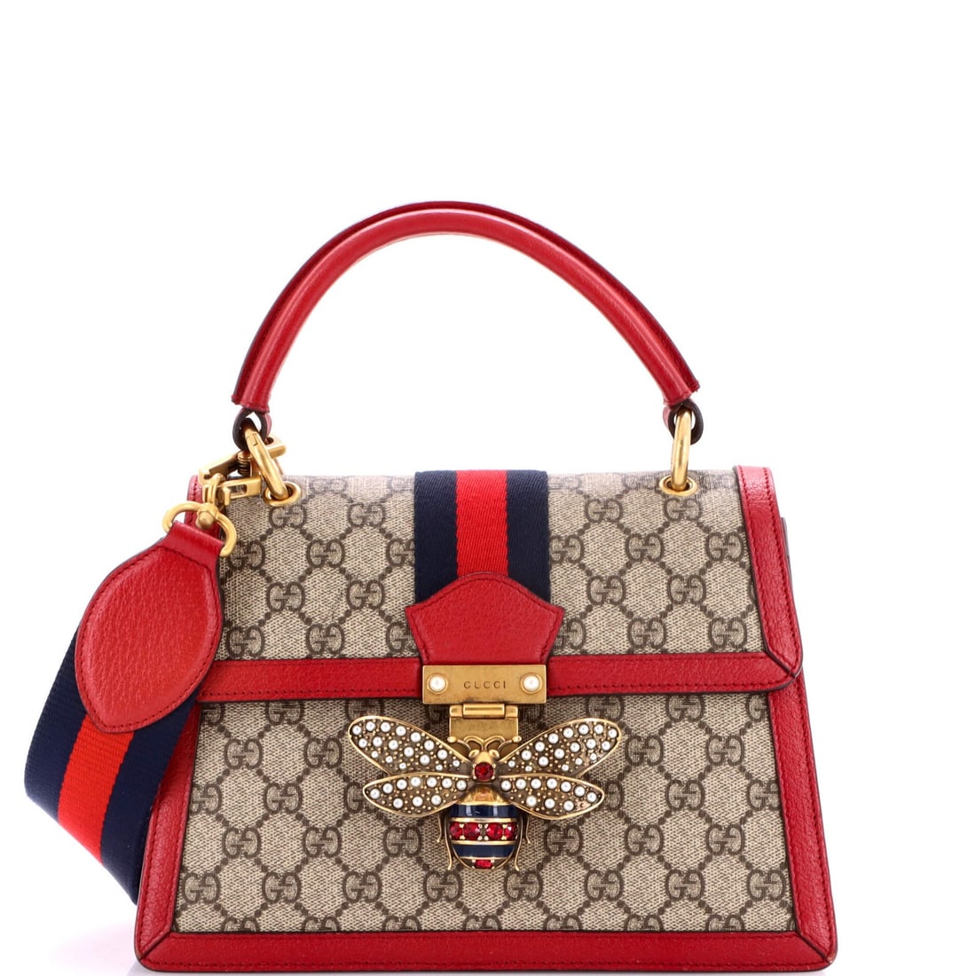 Gucci Queen Margaret Top Handle Bag GG Coated Canvas with Leather Small: Gucci Queen Margaret Top Handle Bag GG Coated Canvas with Leather Small The Gucci Queen Margaret Top Handle Bag GG Coated Canvas with Leather Small boasts a striking red exterior and elegant design,