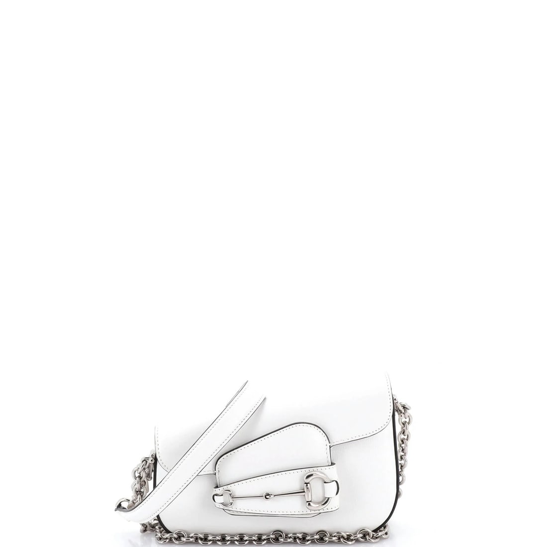 Asymmetric Leather Mini Bag Gucci Horsebit 1955: Asymmetric Leather Mini Bag Gucci Horsebit 1955 The Gucci Horsebit 1955 Asymmetric Leather Mini Bag boasts a sleek, white exterior with a classic design that exudes timeless elegance. This mini bag