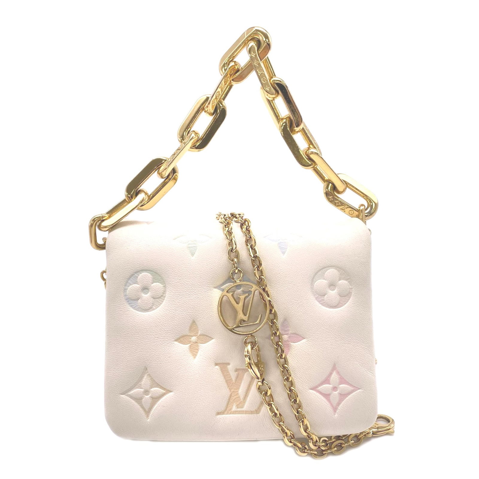 Shoulder Bag Leather Vuitton Louis: Shoulder Bag Leather Vuitton Louis Used Louis Vuitton shoulder bag made from lambskin leather, featuring a multi-color design. The bag measures 10cm x 13cm x 3cm and has traces of usage with
