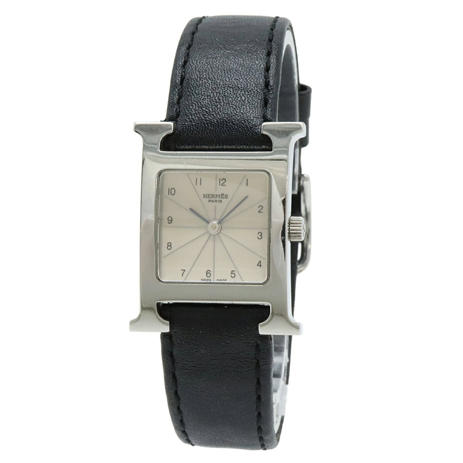 Wristwatch by Hermes: Wristwatch by Hermes Stainless steel case and silver dial give this Hermes wristwatch its sleek, sophisticated look. The leather band adds a touch of elegance, making it suitable for everyday wear. Wi