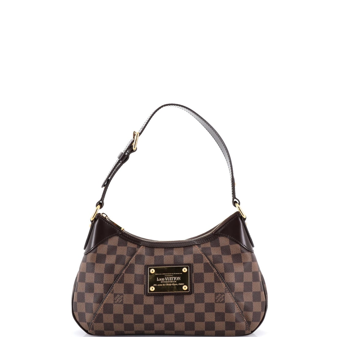 Handbag Damier PM Louis Vuitton Thames: Handbag Damier PM Louis Vuitton Thames The Louis Vuitton Thames Handbag Damier PM in Brown features a classic canvas coated exterior with subtle scuffs and edge wear, while the interior boasts a strik