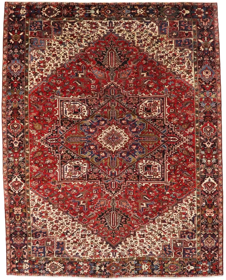 Semi-Antique Heriz Red Geometric Oriental Rug Farmhouse Wool Carpet 11X14 ft: Semi-Antique Heriz Red Geometric Oriental Rug Farmhouse Wool Carpet 11X14 ft Hand-Knotted Wool Geometric Oriental Rug in Rich Red and Cream Tones. This unique, 11x14 ft semi-antique Heriz rug boasts a