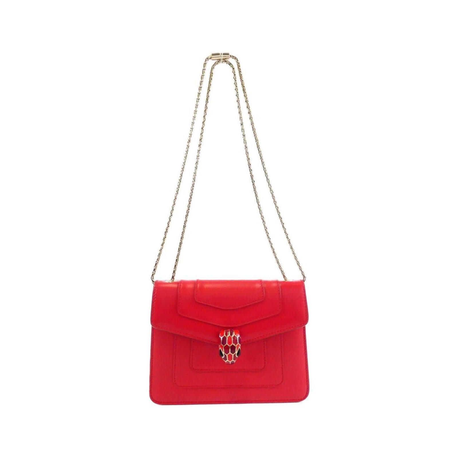 Bvlgari Leather Shoulder Bag: Bvlgari Leather Shoulder Bag Bvlgari's iconic red leather shoulder bag boasts sleek, gold hardware and a spacious interior with an open pocket. Measuring 14cm x 19cm x 4cm, it features a sturdy