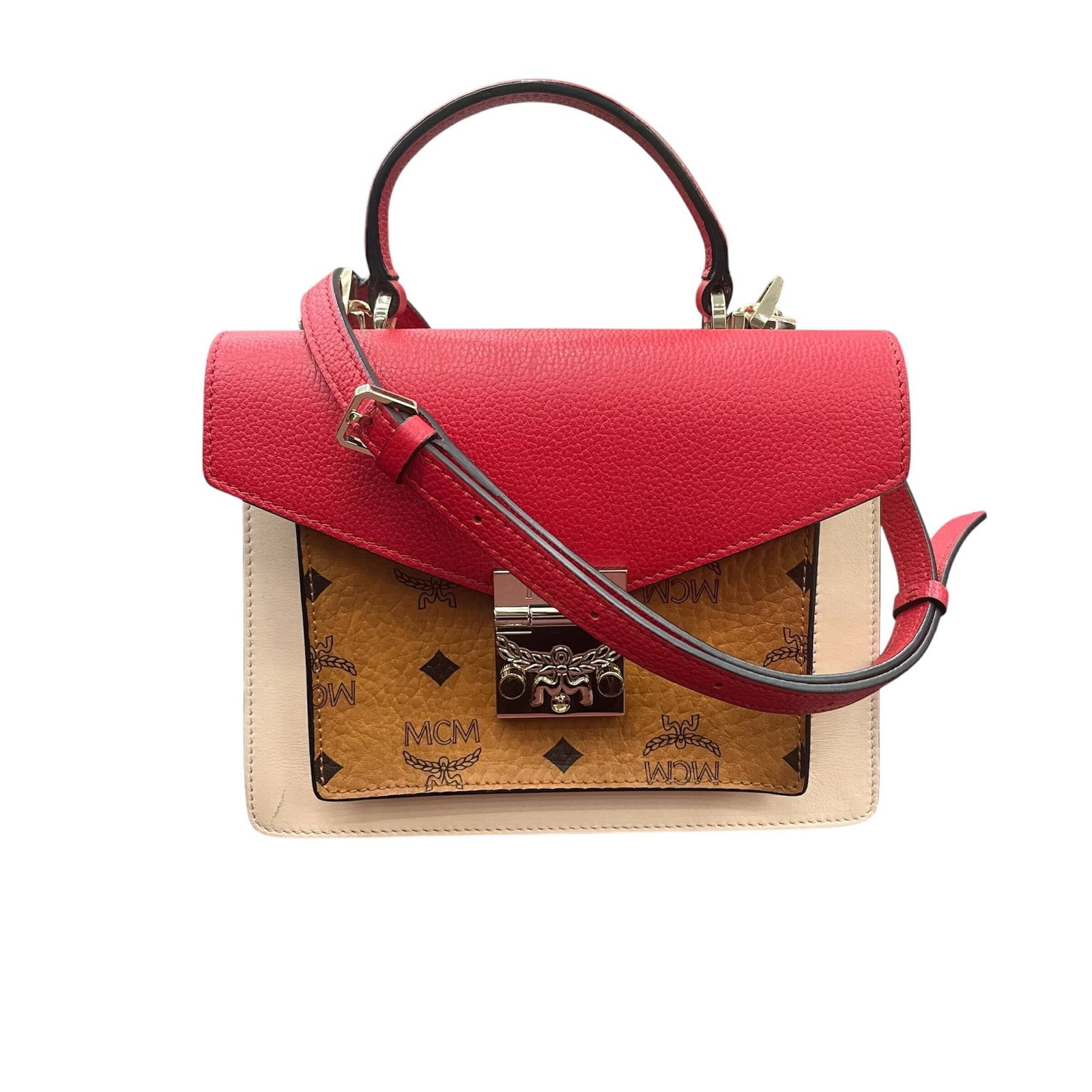 Mcm Handbag Shoulder Bag Leather: Mcm Handbag Shoulder Bag Leather The Mcm Handbag Shoulder Bag Leather features an elegant ivory and red color combination, showcasing the rich texture of genuine leather. With its classic design and a