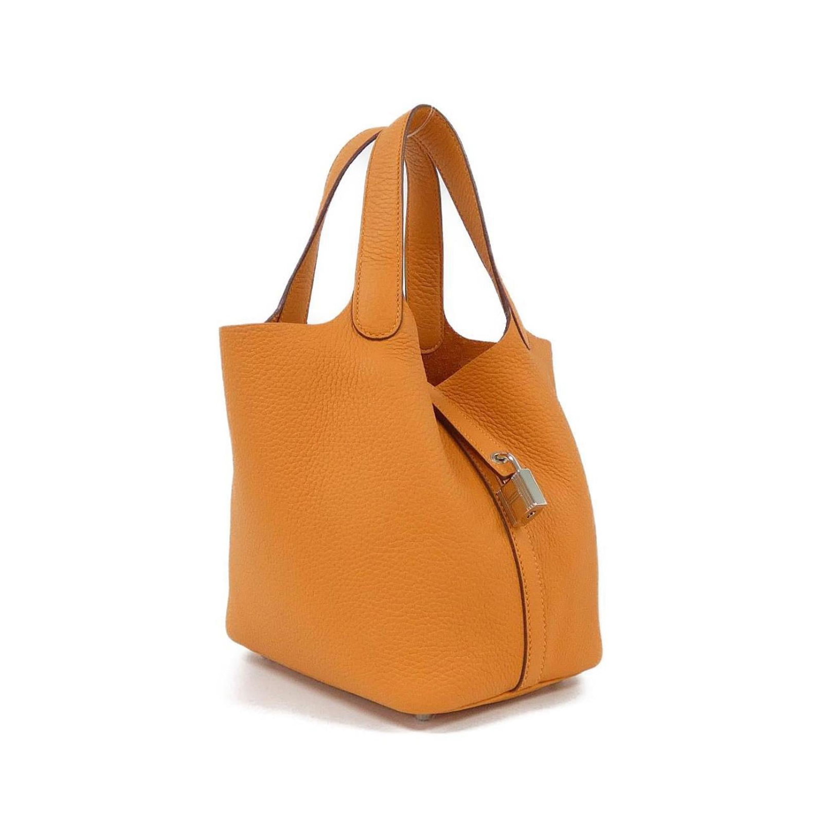Clemence Leather Hermes Taurillon Handbag: Clemence Leather Hermes Taurillon Handbag Taurillon Clemence Leather Handbag from Hermes, featuring a vibrant orange color and silver hardware. This used handbag boasts a classic design with a size th