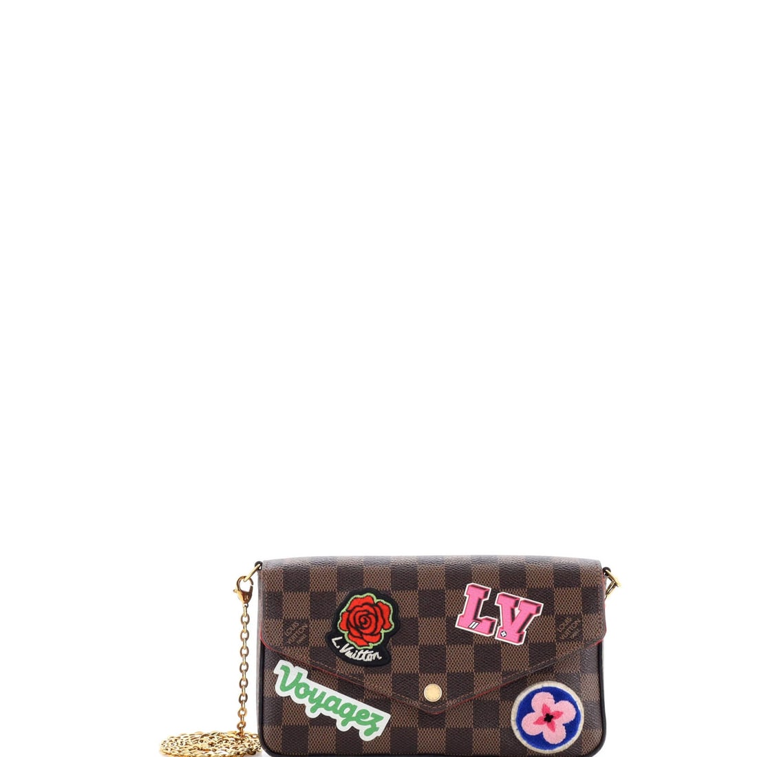 Louis Vuitton Felicie Pochette Limited Edition Patches Damier: Louis Vuitton Felicie Pochette Limited Edition Patches Damier The Louis Vuitton Felicie Pochette Limited Edition Patches Damier is a unique, brown canvas coated cross body bag with gold hardware and