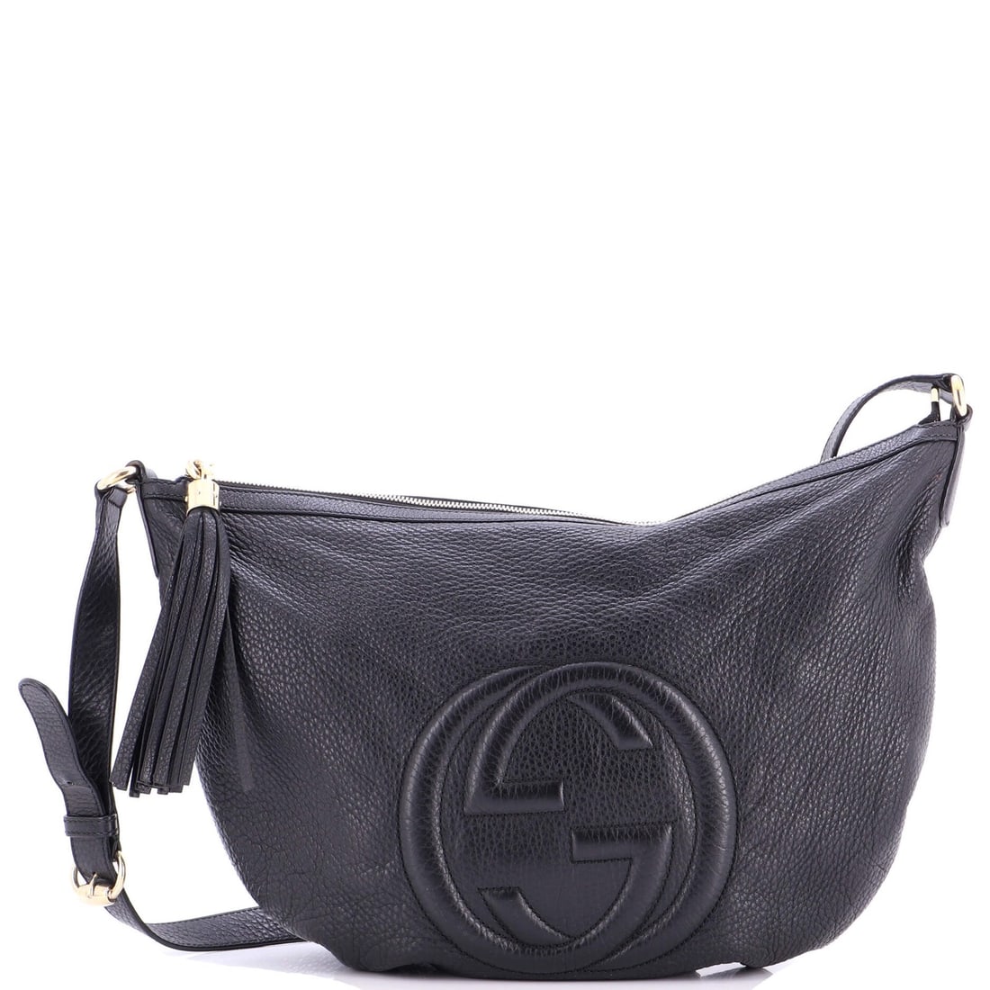 Messenger bag medium leather Gucci soho: Messenger bag medium leather Gucci soho Medium leather Gucci Soho Messenger Bag in black exterior, featuring gold tone hardware and neutral interior. The bag has edge wear on the exterior, creases on