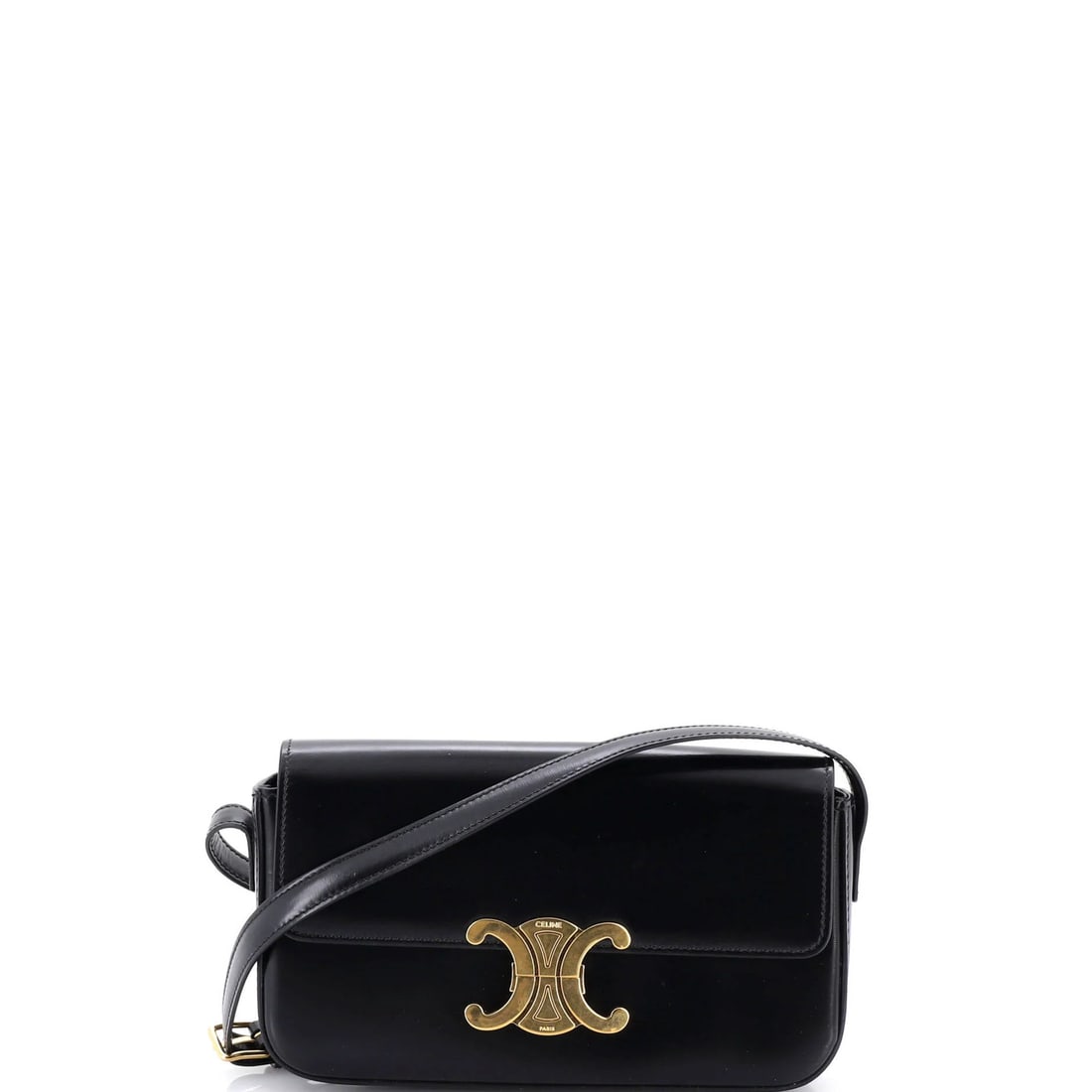 Calfskin Celine Bag Triomphe East West Smooth Shoulder: Calfskin Celine Bag Triomphe East West Smooth Shoulder Calfskin Celine Triomphe East-West Shoulder Bag in Black features smooth leather exterior with minor scuffs and gold hardware. The bag measures