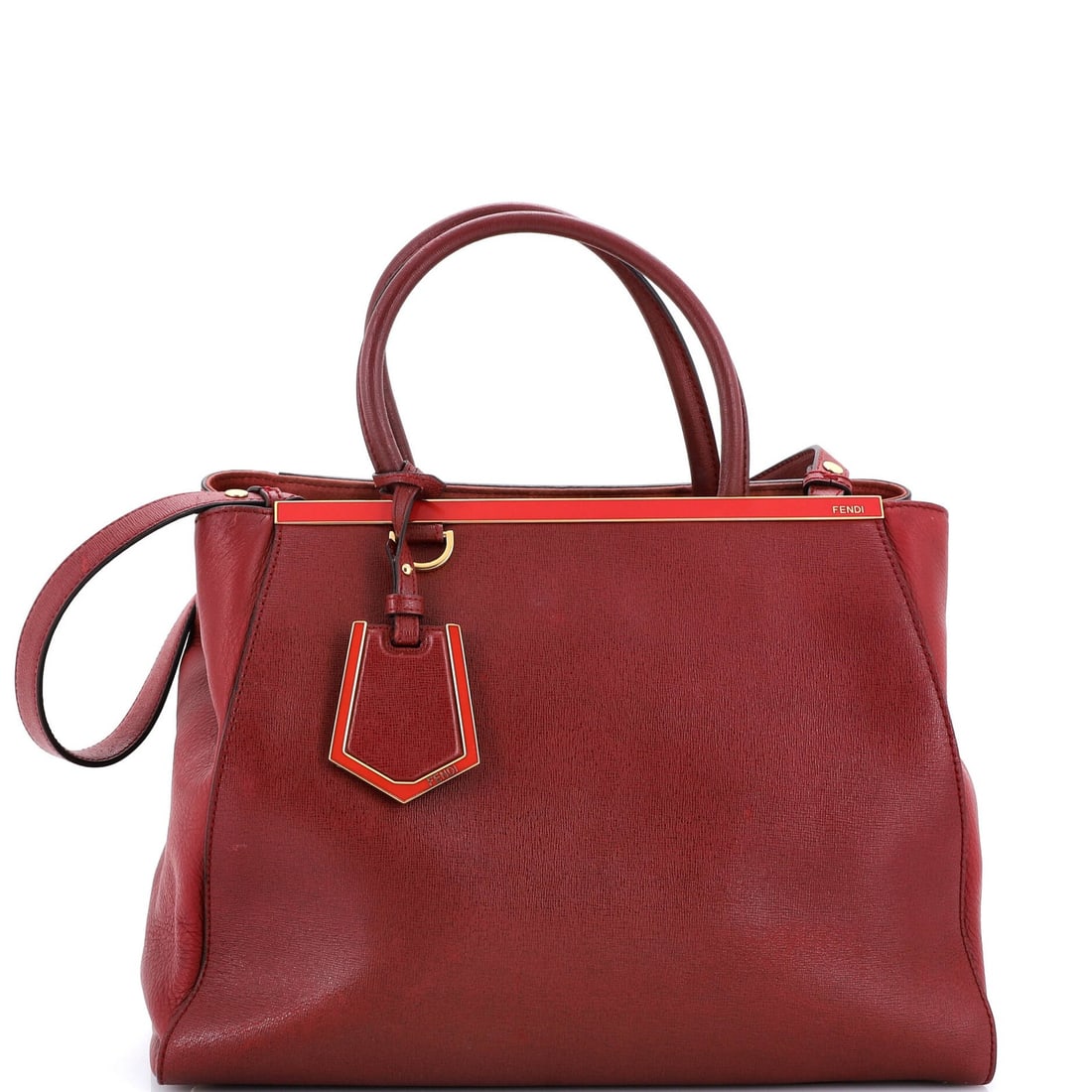 Fendi 2Jours Bag Leather Medium: Fendi 2Jours Bag Leather Medium The Fendi 2Jours Bag Leather Medium boasts a striking red exterior with gold hardware, adding a touch of sophistication to any outfit. Measuring 10.5" in height and 14"