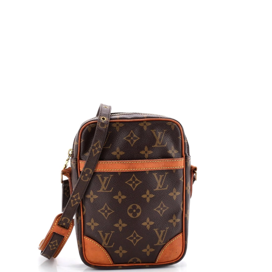 Danube Handbag Louis Vuitton Monogram Canvas: Danube Handbag Louis Vuitton Monogram Canvas Brown Louis Vuitton Danube Handbag Monogram Canvas features a classic cross body design with heavy edge wear, corner wear, and discoloration throughout.