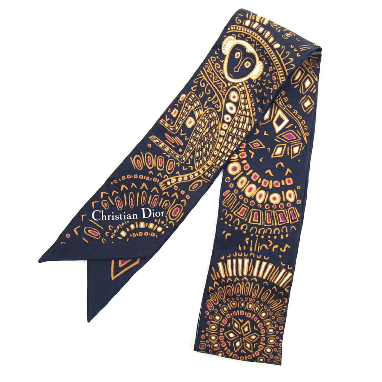 Silk Scarf by Christian Dior: Silk Scarf by Christian Dior Silk Scarf by Christian Dior, featuring a classic navy color and made from luxurious silk. This scarf bears a few traces of usage, with some minor scratches and dirt