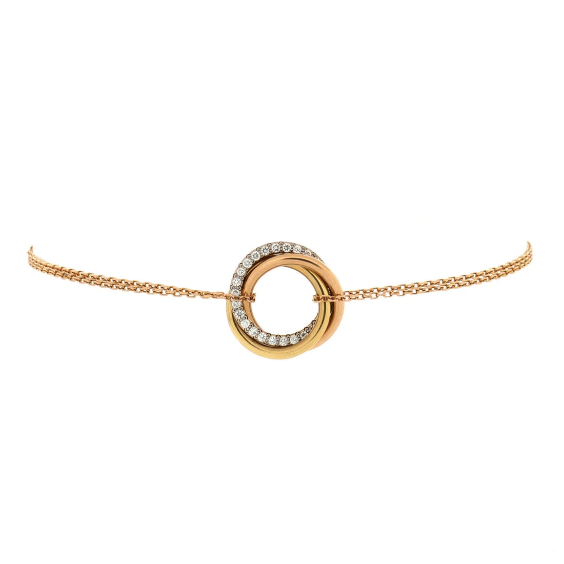 Cartier Trinity Chain Bracelet 18K Tricolor Gold and Diamonds: Cartier Trinity Chain Bracelet 18K Tricolor Gold and Diamonds 18K Tri Colored Gold and Diamonds Cartier Trinity Chain Bracelet - A stunning piece featuring 18K rose gold, white gold, and yellow gold i