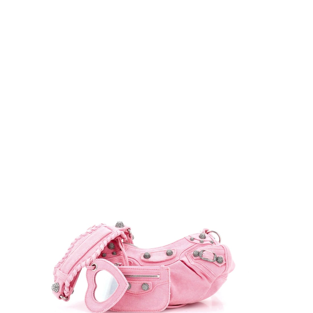 Balenciaga Le Cagole Giant Studs Shoulder Bag Denim with Crystals XS: Balenciaga Le Cagole Giant Studs Shoulder Bag Denim with Crystals XS Pink Balenciaga Le Cagole Giant Studs Shoulder Bag Denim with Crystals in XS size, featuring crystal and denim exterior with
