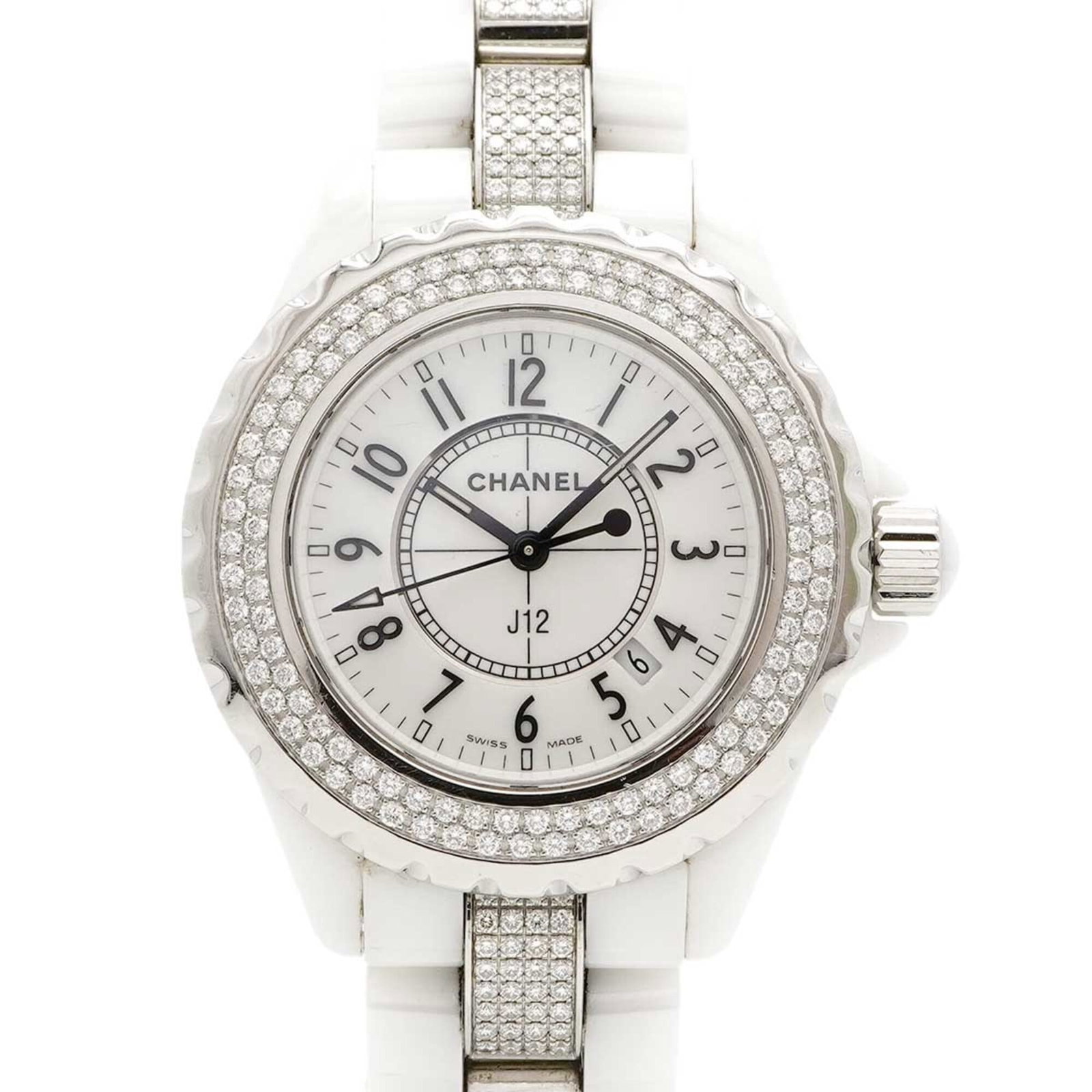 Chanel Wristwatch: Chanel Wristwatch Ceramic band and white dial make for a sleek, modern look in this Chanel wristwatch. The watch has a diameter of 33.9mm and fits wrists up to 14cm, making it suitable for various arm