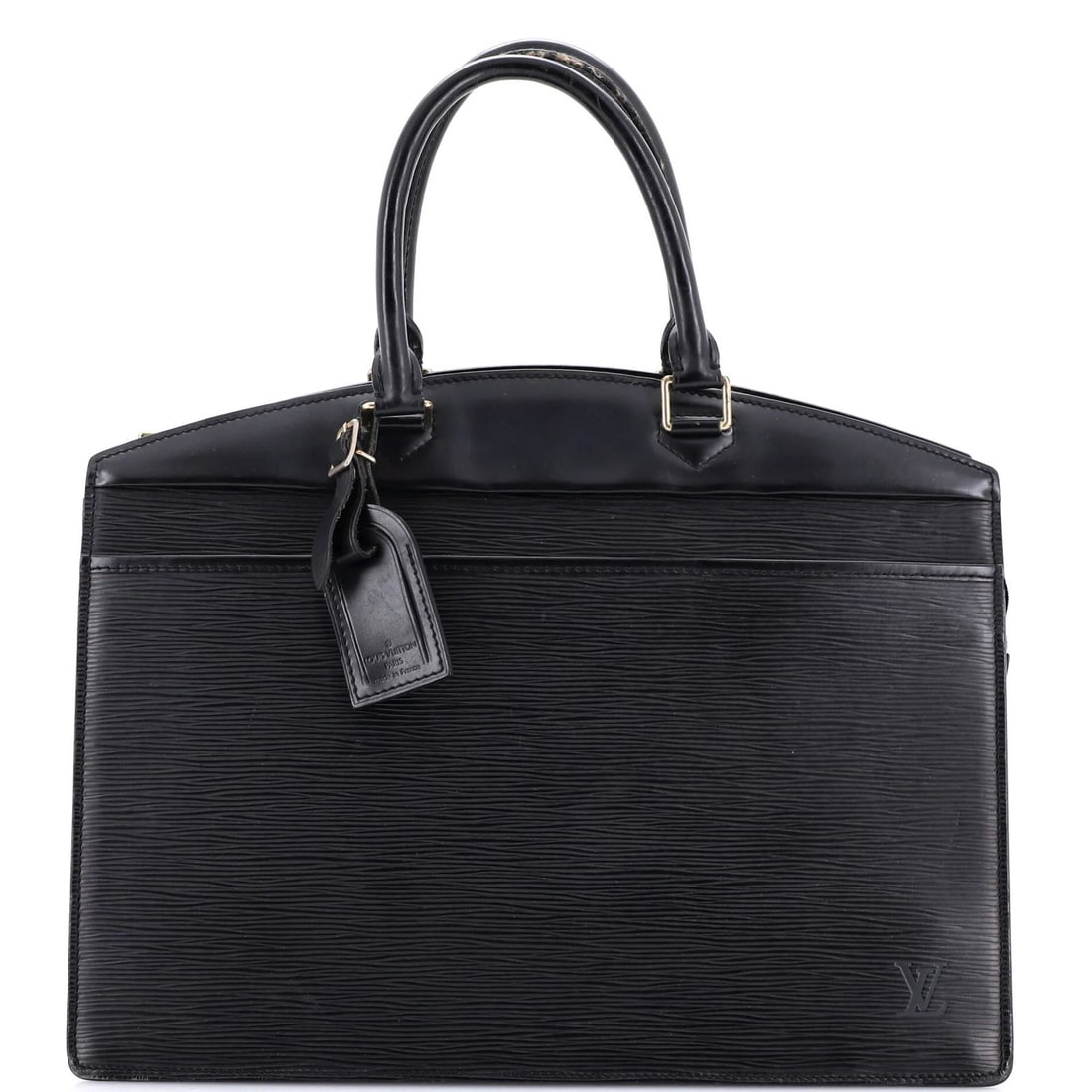 Leather Epi Riviera Handbag Louis Vuitton: Leather Epi Riviera Handbag Louis Vuitton Black Epi Leather Louis Vuitton Riviera Handbag with Gray Interior, featuring gold hardware and a classic design. Measuring 11" high, 14" wide, and 6" deep, t