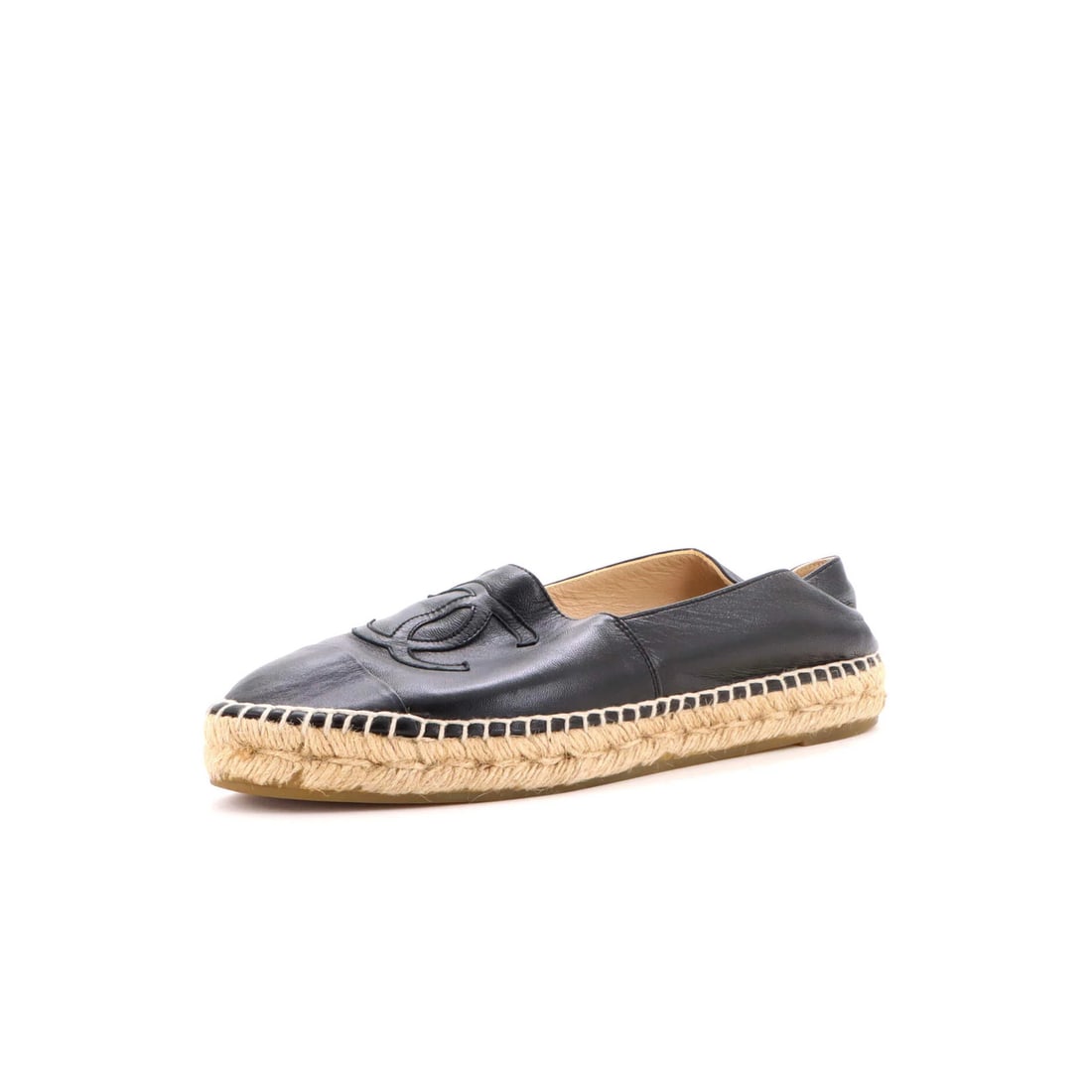 Chanel Women's CC Cap Toe Espadrilles Leather: Chanel Women's CC Cap Toe Espadrilles Leather Black leather Chanel Women's CC Cap Toe Espadrilles with jute and leather interior, featuring scuffs and moderate creasing throughout. Minor fraying and s