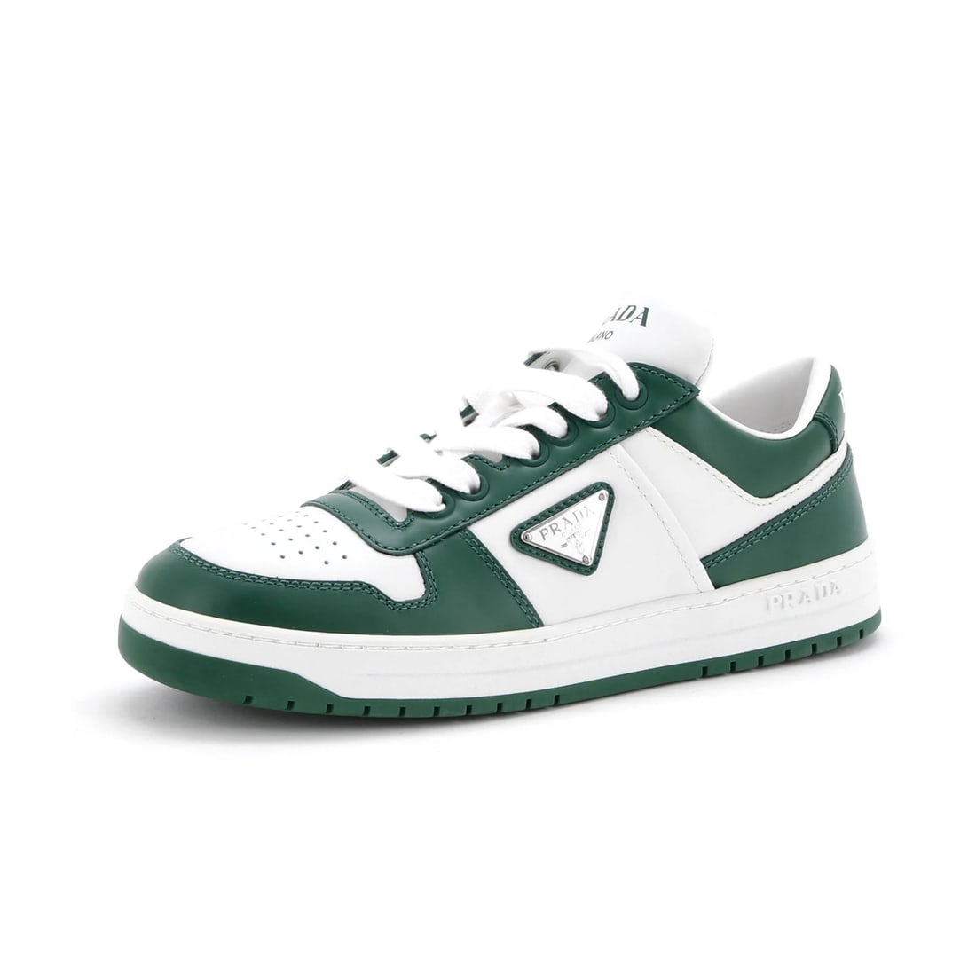 Women's Leather Low Top Sneakers Prada: Women's Leather Low Top Sneakers Prada Women's Prada Downtown Low-Top Sneakers in White and Green Leather, featuring a sleek low-top design with silver hardware. Minor creasing and scuffs throughout a
