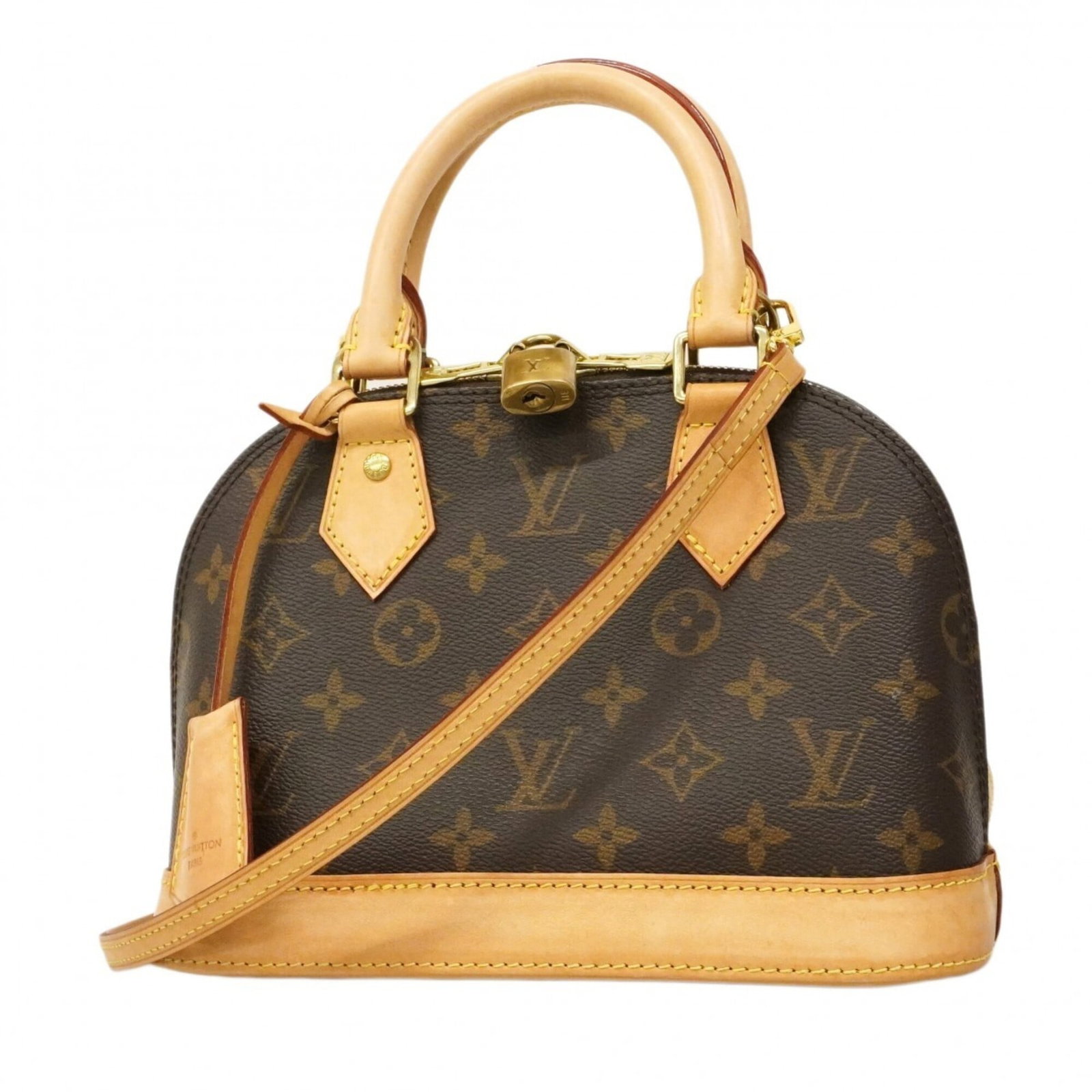 Handbag by Louis Vuitton: Handbag by Louis Vuitton Brown Louis Vuitton handbag with scratches and dirt, measuring 17.5cm x 23.5cm x 11.5cm. This used handbag bears a signature but its authenticity cannot be verified. It is in