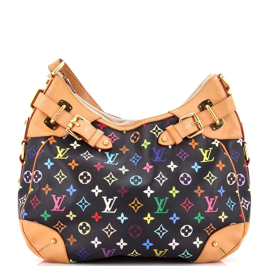 Louis Vuitton Monogram Handbag Greta Multicolor: Louis Vuitton Monogram Handbag Greta Multicolor The Louis Vuitton Monogram Greta Multicolor Handbag boasts a unique, multicolored canvas exterior with black and gold accents. Measuring 12" tall, 14"