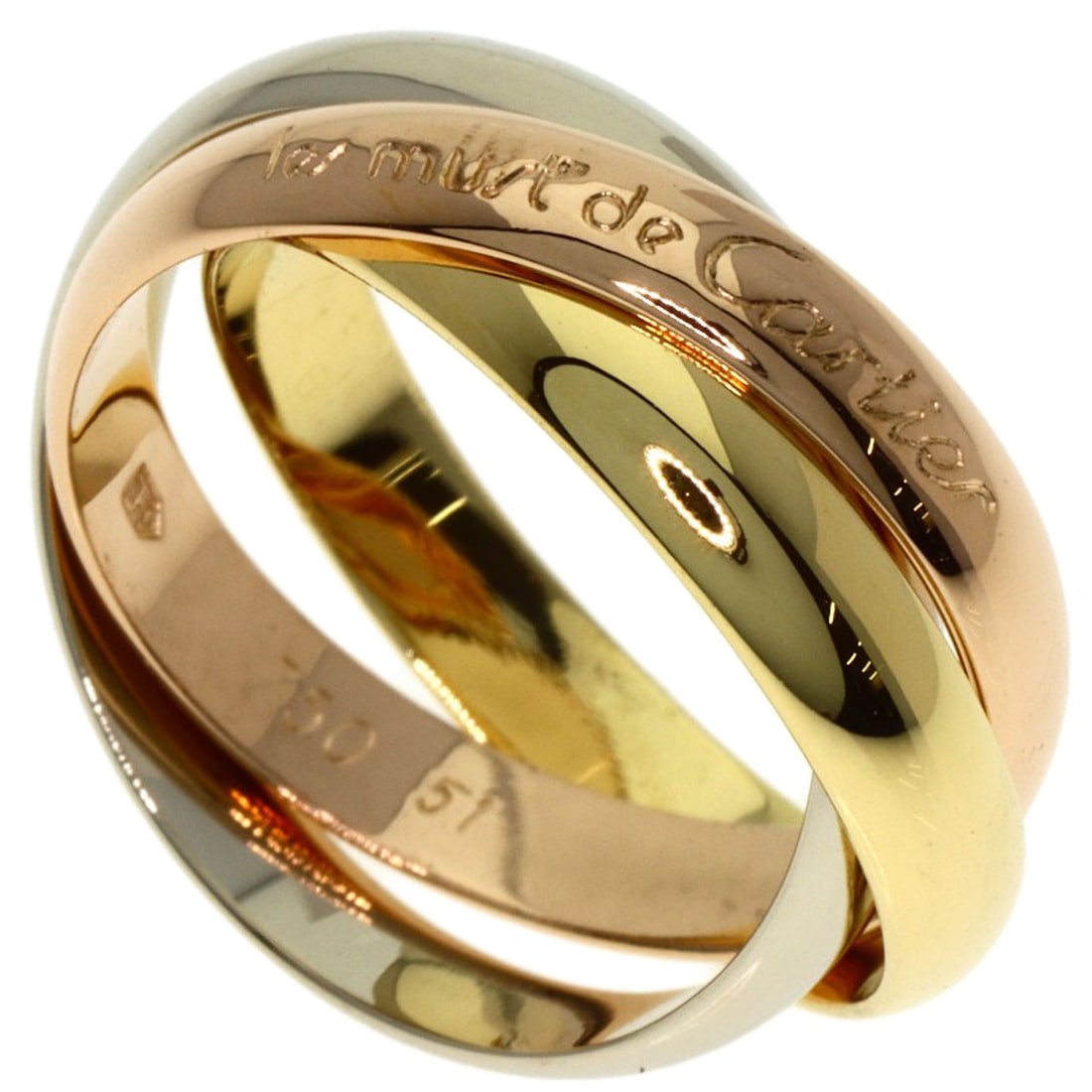 K18 Yellow Gold K18 White Gold Cartier Trinity #51 Ring: K18 Yellow Gold K18 White Gold Cartier Trinity #51 Ring K18 Yellow Gold K18 White Gold Cartier Trinity #51 Ring features a striking gold metal exterior with no main stone, making it a unique and