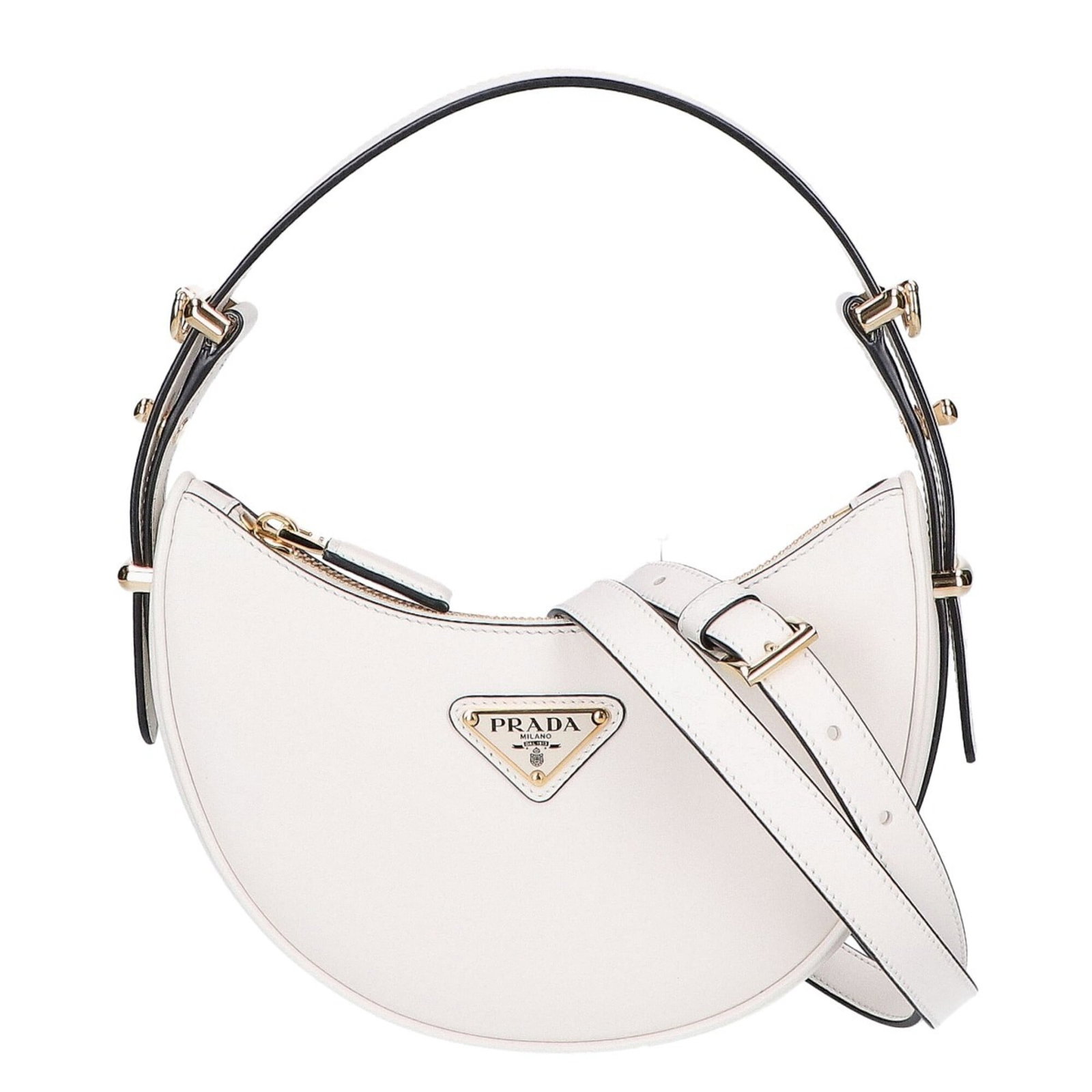 Handbag Leather Bag Shoulder Prada: Handbag Leather Bag Shoulder Prada This Prada leather shoulder bag features white leather and gold hardware, making for a stylish and elegant accessory. With its compact size and mint condition, it's 