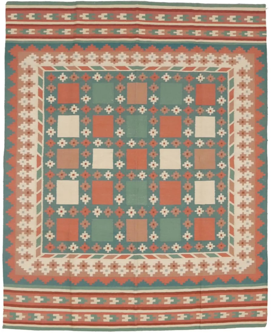 7'5X9'4 Geometric Dhurrie Rug Reversible Flat-Weave Oriental Decor Carpet: 7'5X9'4 Geometric Dhurrie Rug Reversible Flat-Weave Oriental Decor Carpet Geometric Dhurrie Rug with Reversible Design, Perfect for Adding Modern Elegance to Any Room. This hand-woven, wool