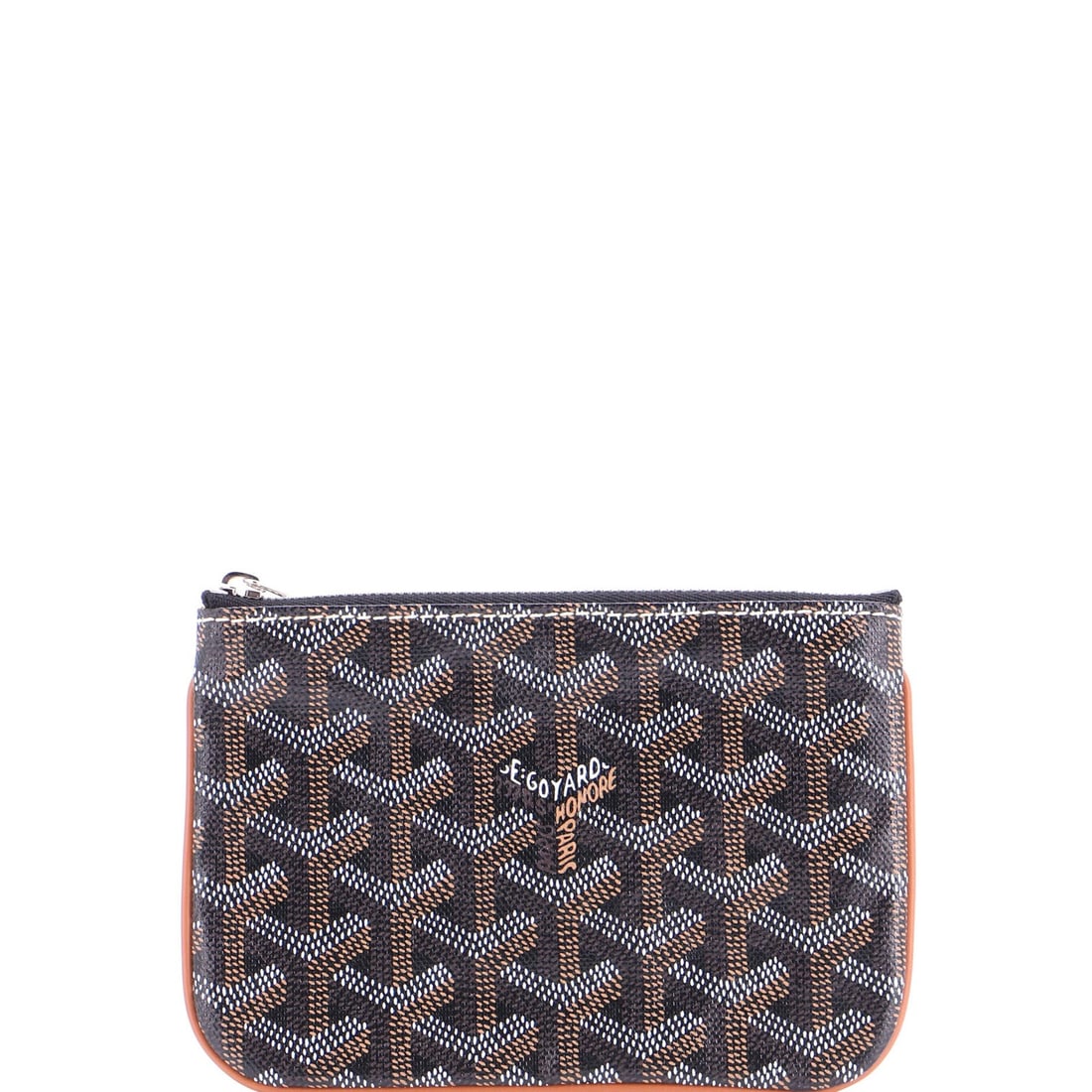 Senat Zip Pouch Coated Mini Canvas Goyard: Senat Zip Pouch Coated Mini Canvas Goyard The Senat Zip Pouch Coated Mini Canvas Goyard features a stylish brown exterior with minor scuffs and creases, while the interior boasts a rich brown and