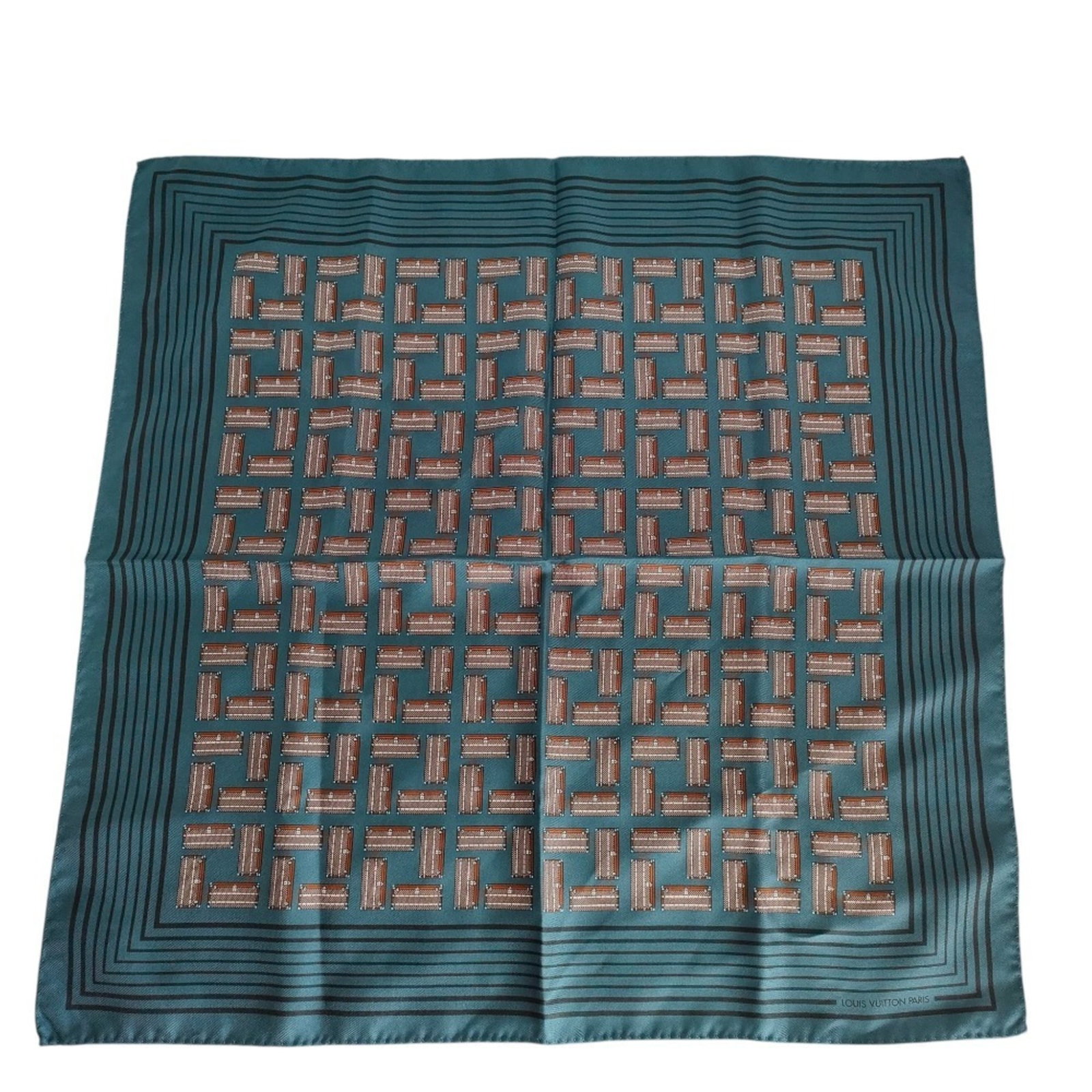 Silk Louis Vuitton Scarf: Silk Louis Vuitton Scarf Silk Louis Vuitton Scarf in Blue and Brown Colors, Made from High-Quality Material. This scarf features the classic Louis Vuitton design with a size of 48cm x 48.5cm, making i