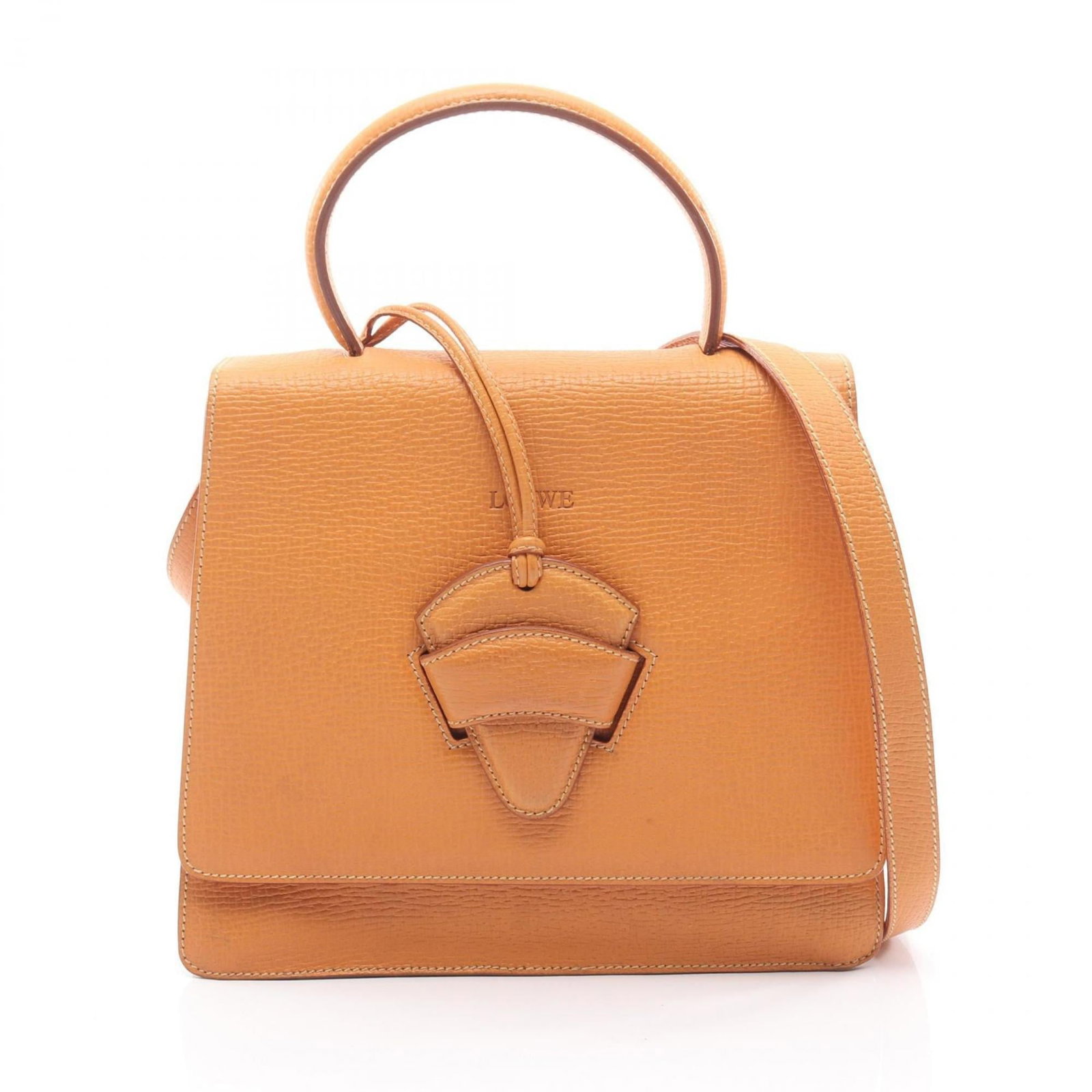 Handbag Leather from Loewe: Handbag Leather from Loewe This vibrant orange Loewe handbag features high-quality leather construction, showcasing subtle scratches and signs of usage. Measuring 24cm x 27cm x 5cm, it offers a