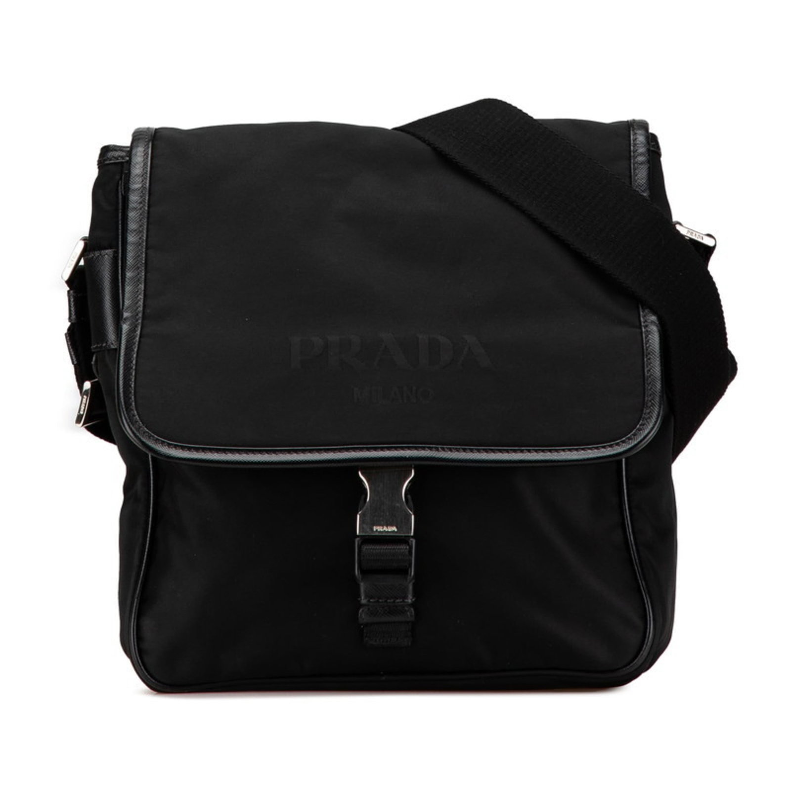 Nylon leather shoulder bag by Prada: Nylon leather shoulder bag by Prada Nylon leather shoulder bag by Prada, featuring a sleek black design with traces of usage and minor scratches. The bag's durable nylon and leather construction provi